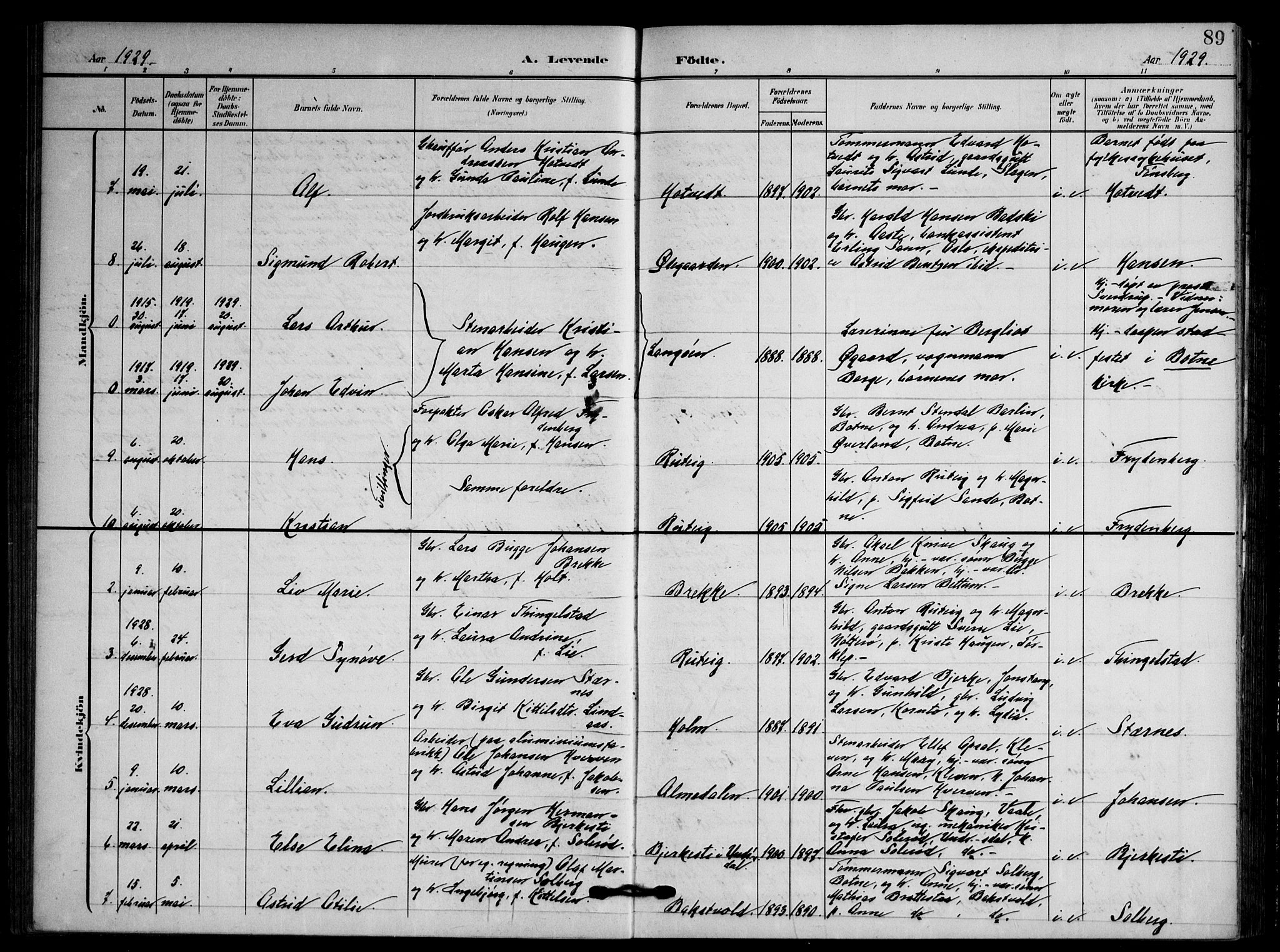 Våle kirkebøker, AV/SAKO-A-334/F/Fa/L0012: Parish register (official) no. I 12, 1907-1934, p. 89