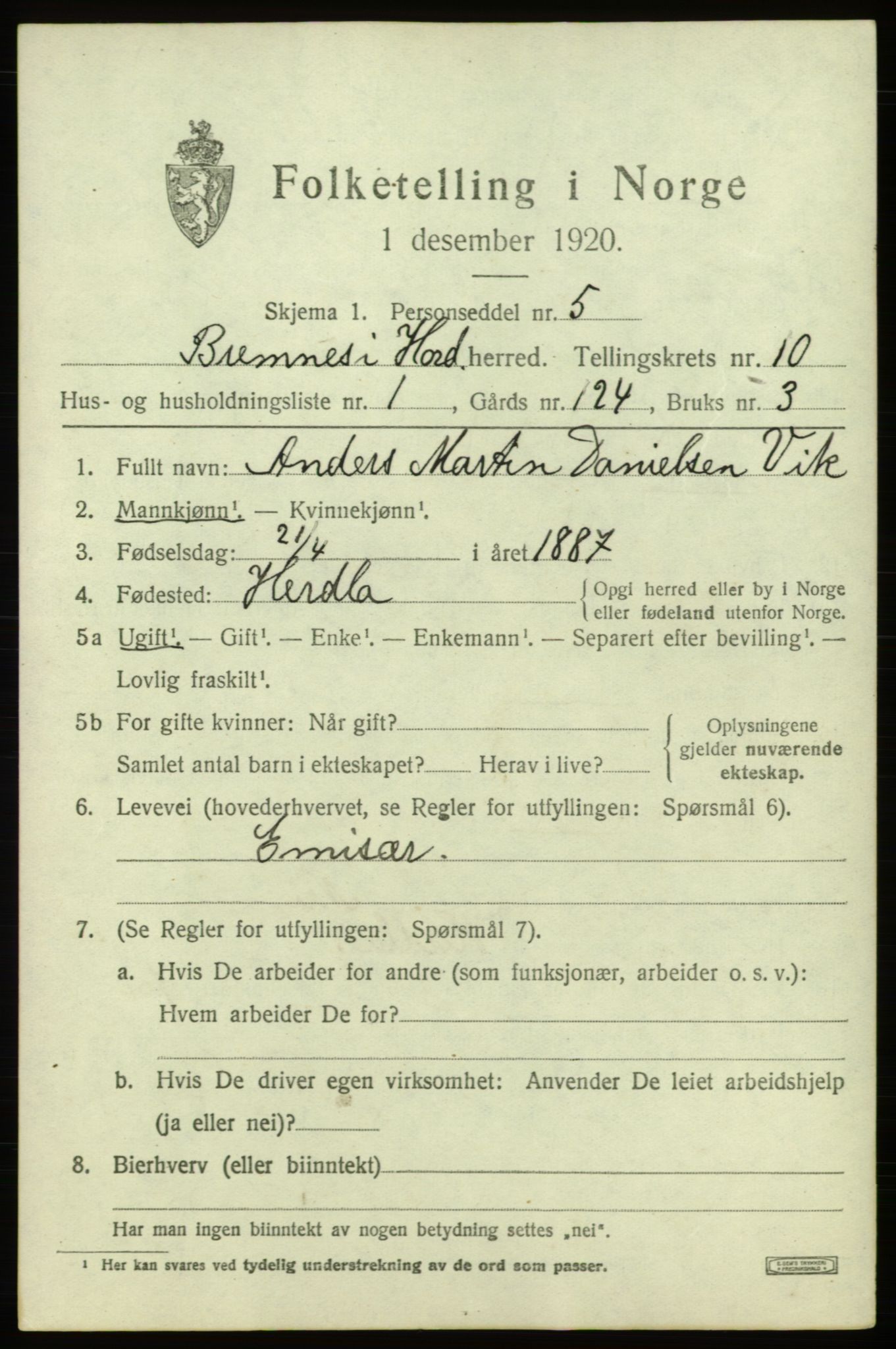 SAB, 1920 census for Bremnes, 1920, p. 6364