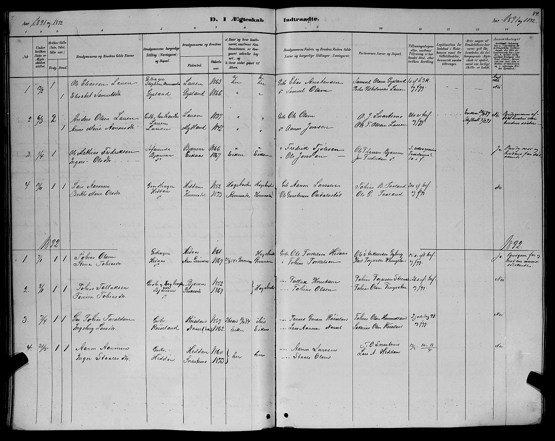 Hægebostad sokneprestkontor, SAK/1111-0024/F/Fb/Fba/L0003: Parish register (copy) no. B 3, 1883-1896, p. 84