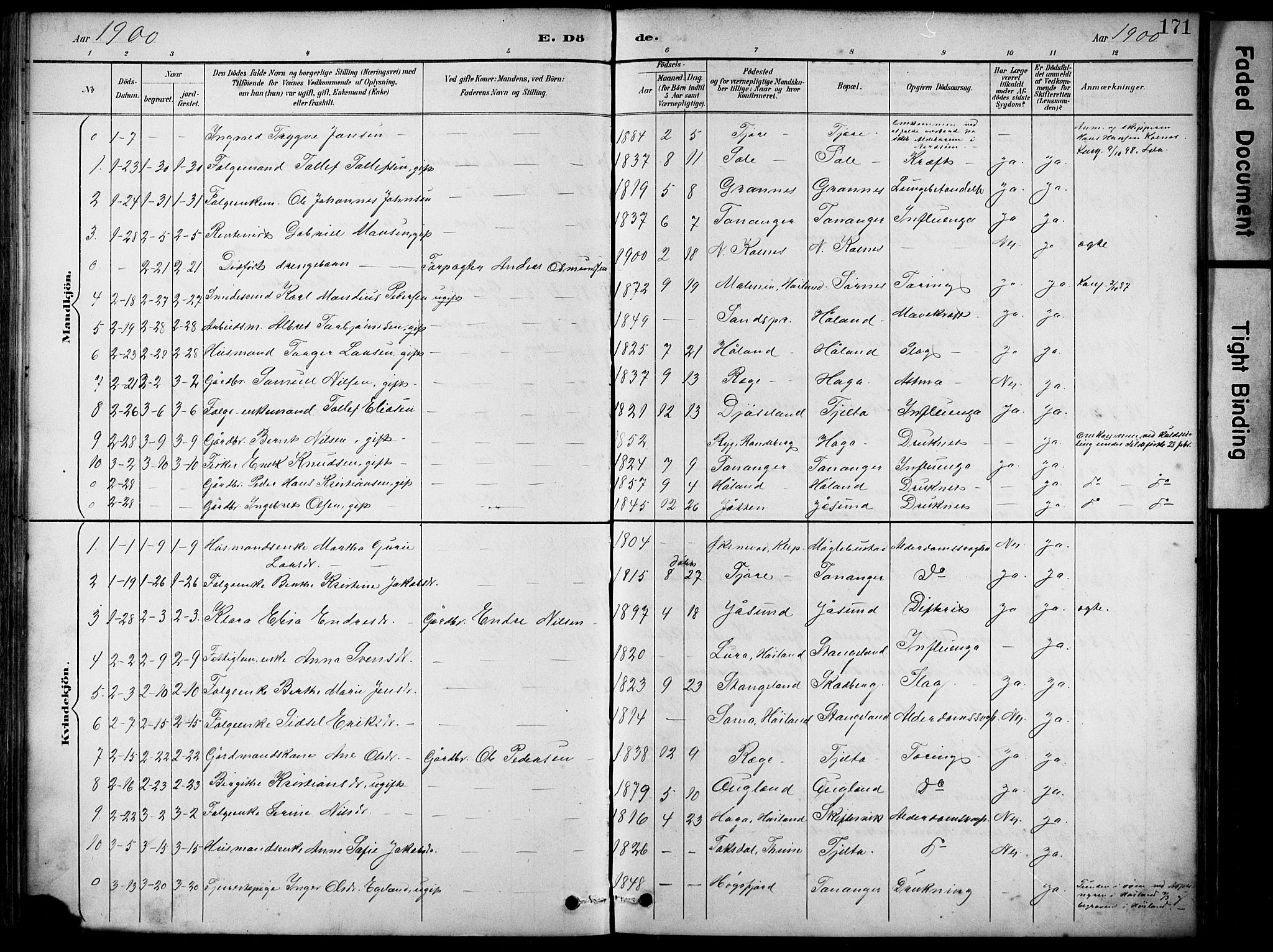 Håland sokneprestkontor, AV/SAST-A-101802/001/30BA/L0012: Parish register (official) no. A 11, 1889-1900, p. 171