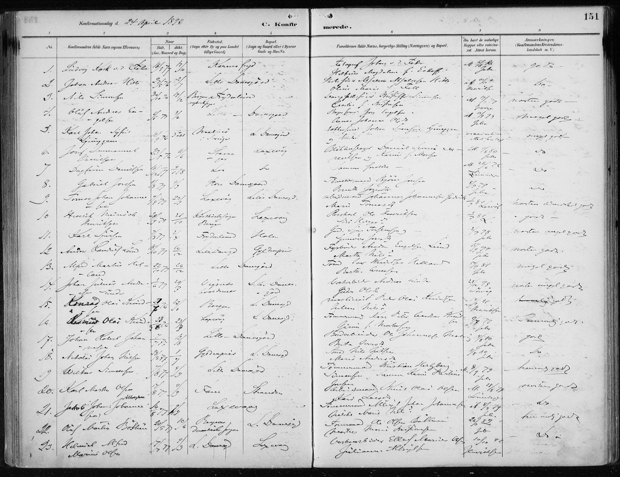 Askøy Sokneprestembete, SAB/A-74101/H/Ha/Haa/Haae/L0003: Parish register (official) no. E 3, 1891-1903, p. 151