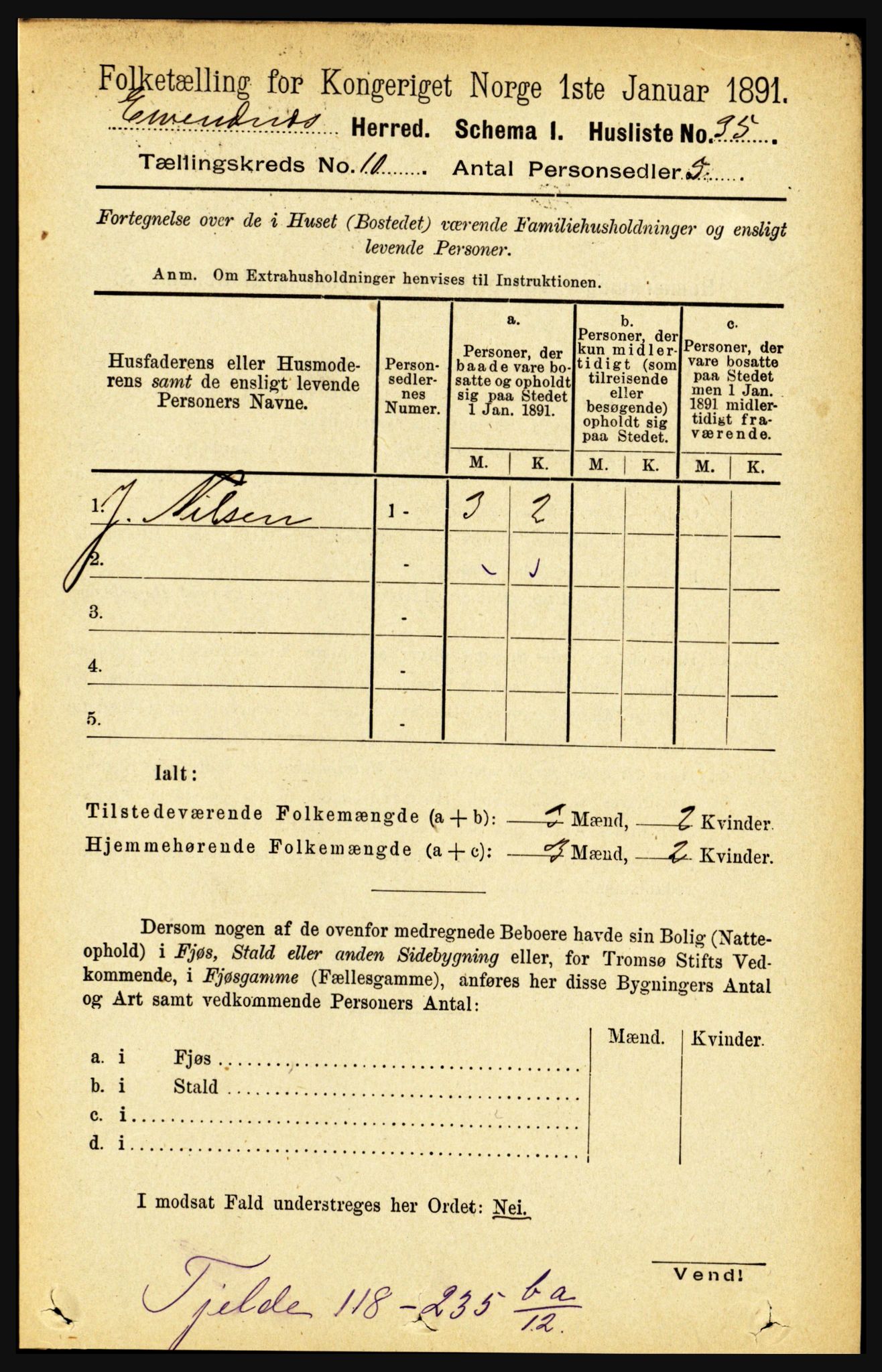 RA, 1891 census for 1853 Evenes, 1891, p. 3123