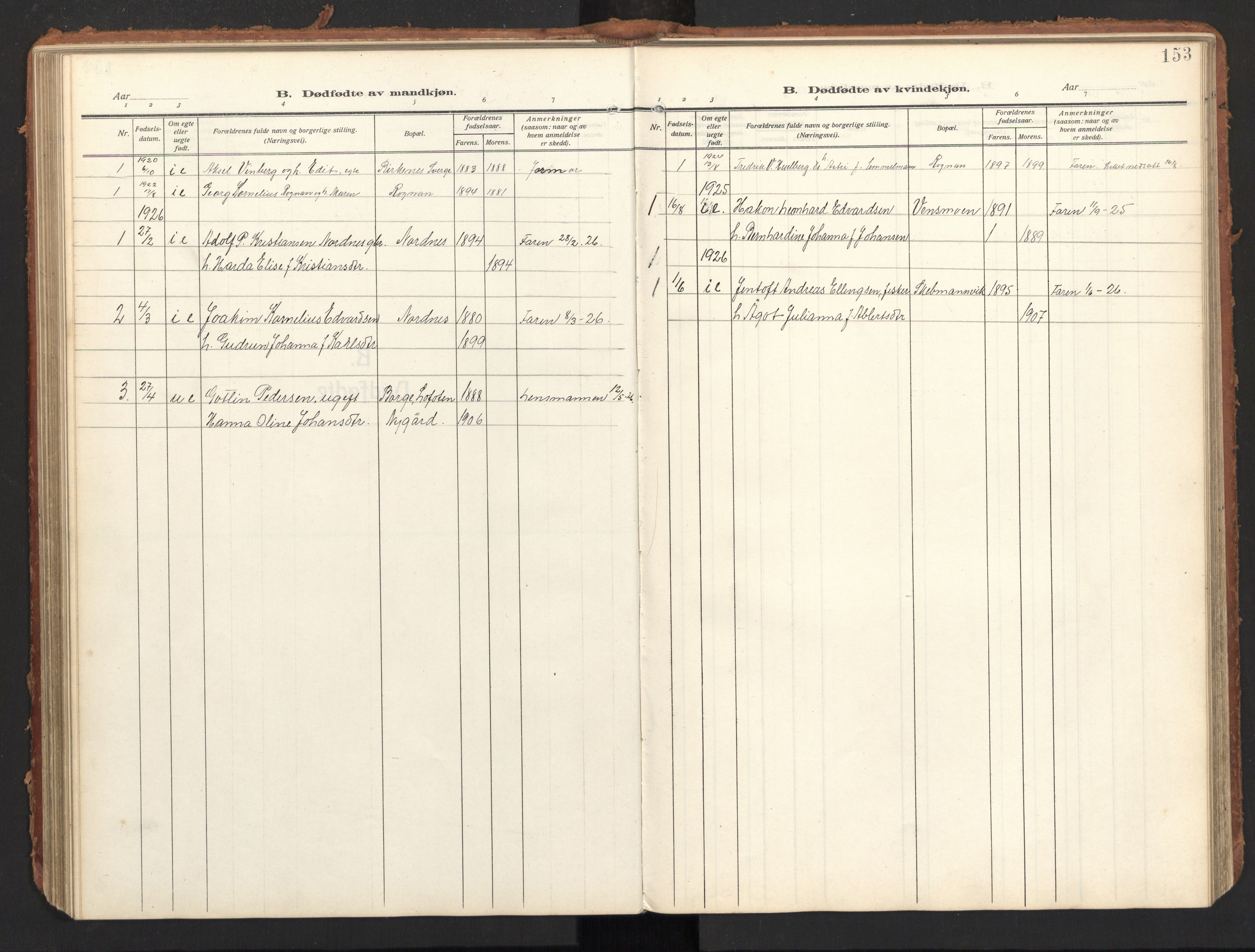 Ministerialprotokoller, klokkerbøker og fødselsregistre - Nordland, AV/SAT-A-1459/847/L0683: Parish register (copy) no. 847C11, 1908-1929, p. 153