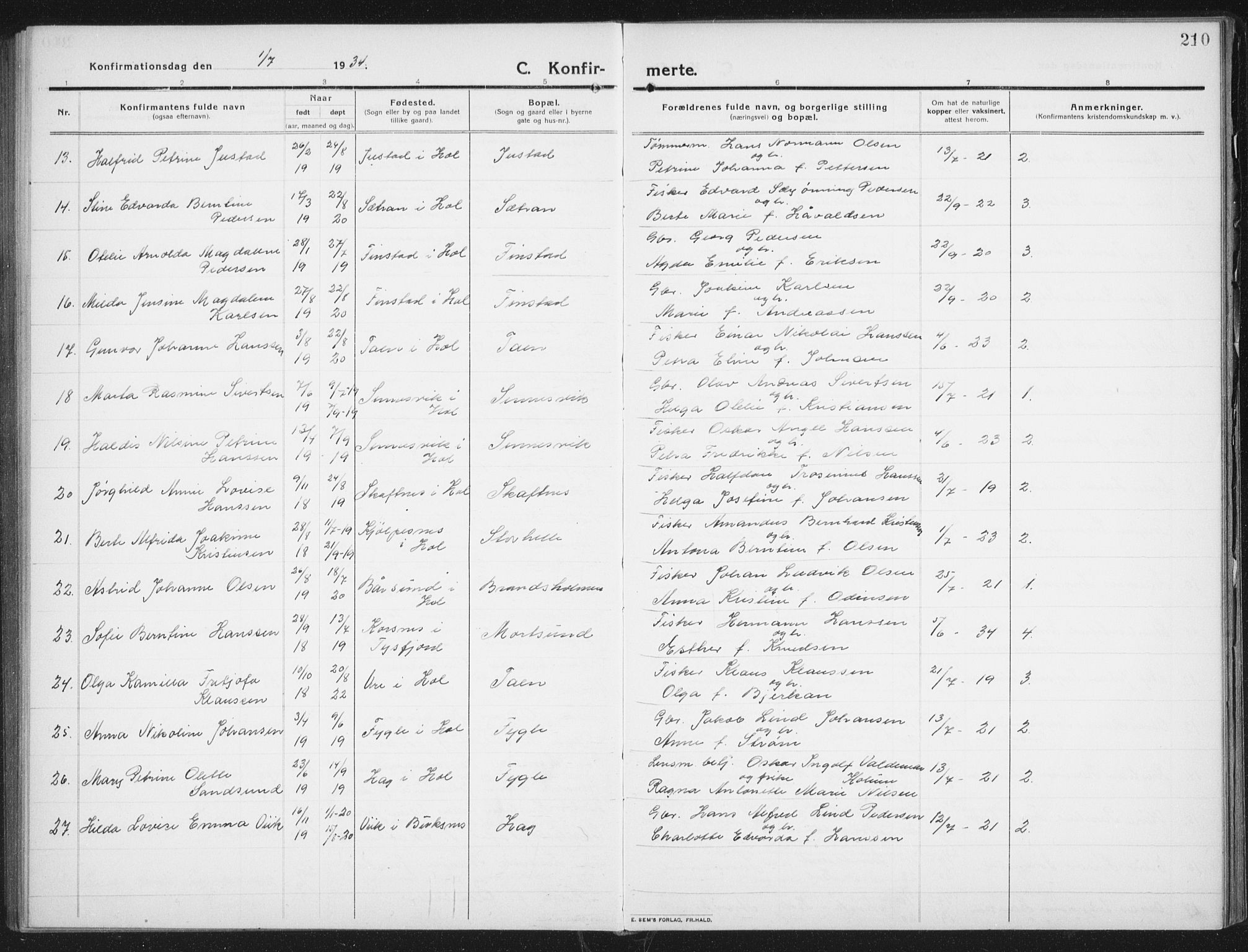 Ministerialprotokoller, klokkerbøker og fødselsregistre - Nordland, AV/SAT-A-1459/882/L1183: Parish register (copy) no. 882C01, 1911-1938, p. 210