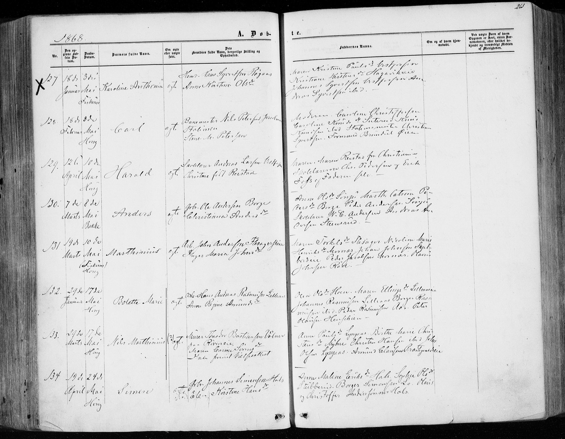 Eiker kirkebøker, AV/SAKO-A-4/F/Fa/L0016: Parish register (official) no. I 16, 1860-1868, p. 263