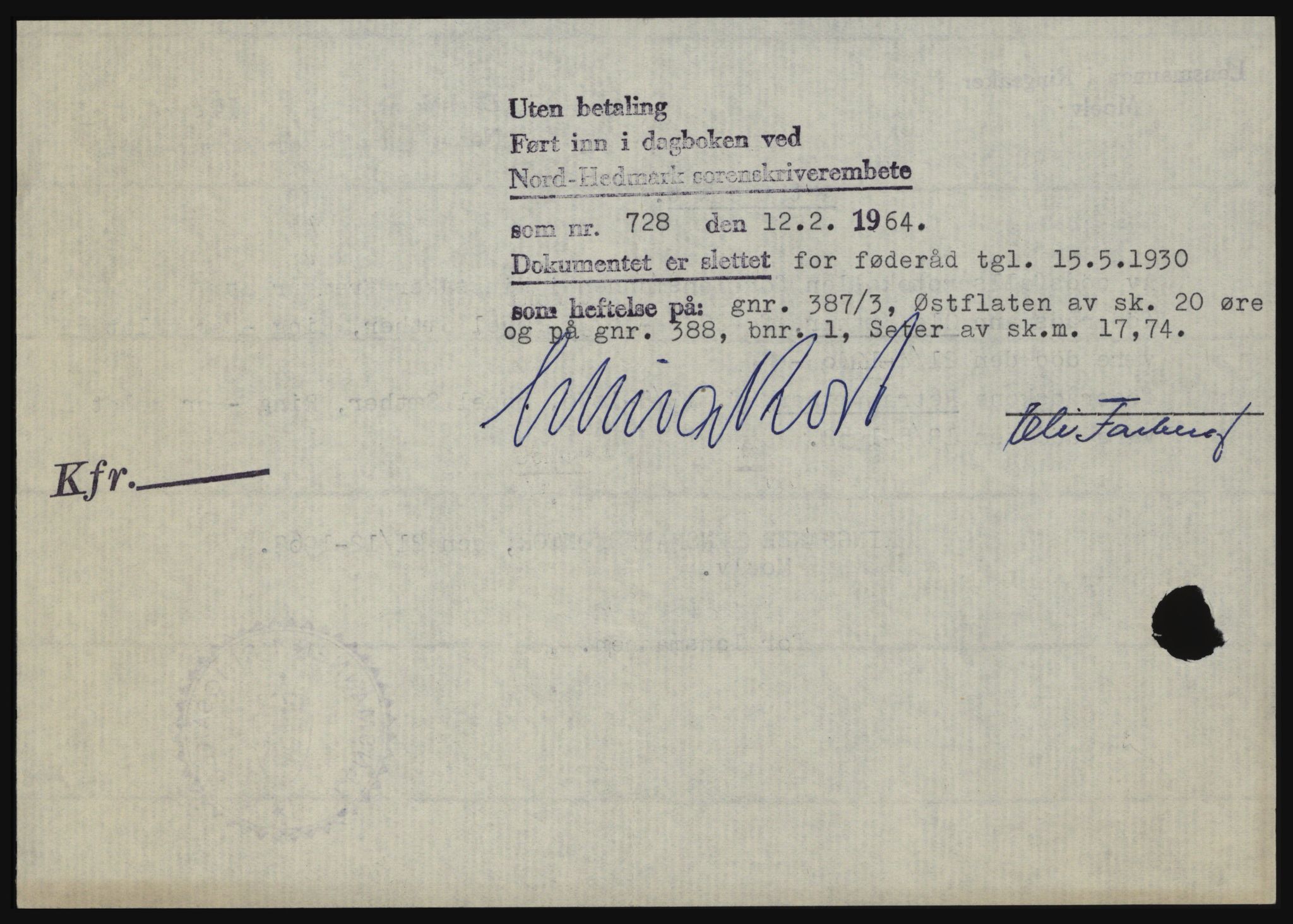 Nord-Hedmark sorenskriveri, SAH/TING-012/H/Hc/L0019: Mortgage book no. 19, 1963-1964, Diary no: : 728/1964