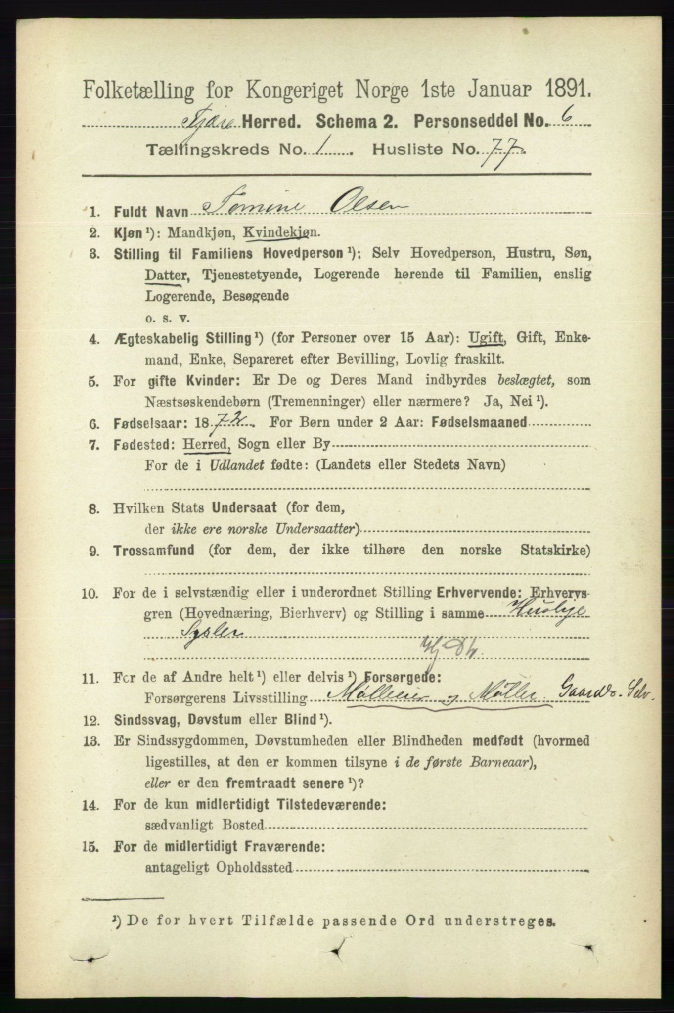 RA, 1891 census for 0923 Fjære, 1891, p. 599