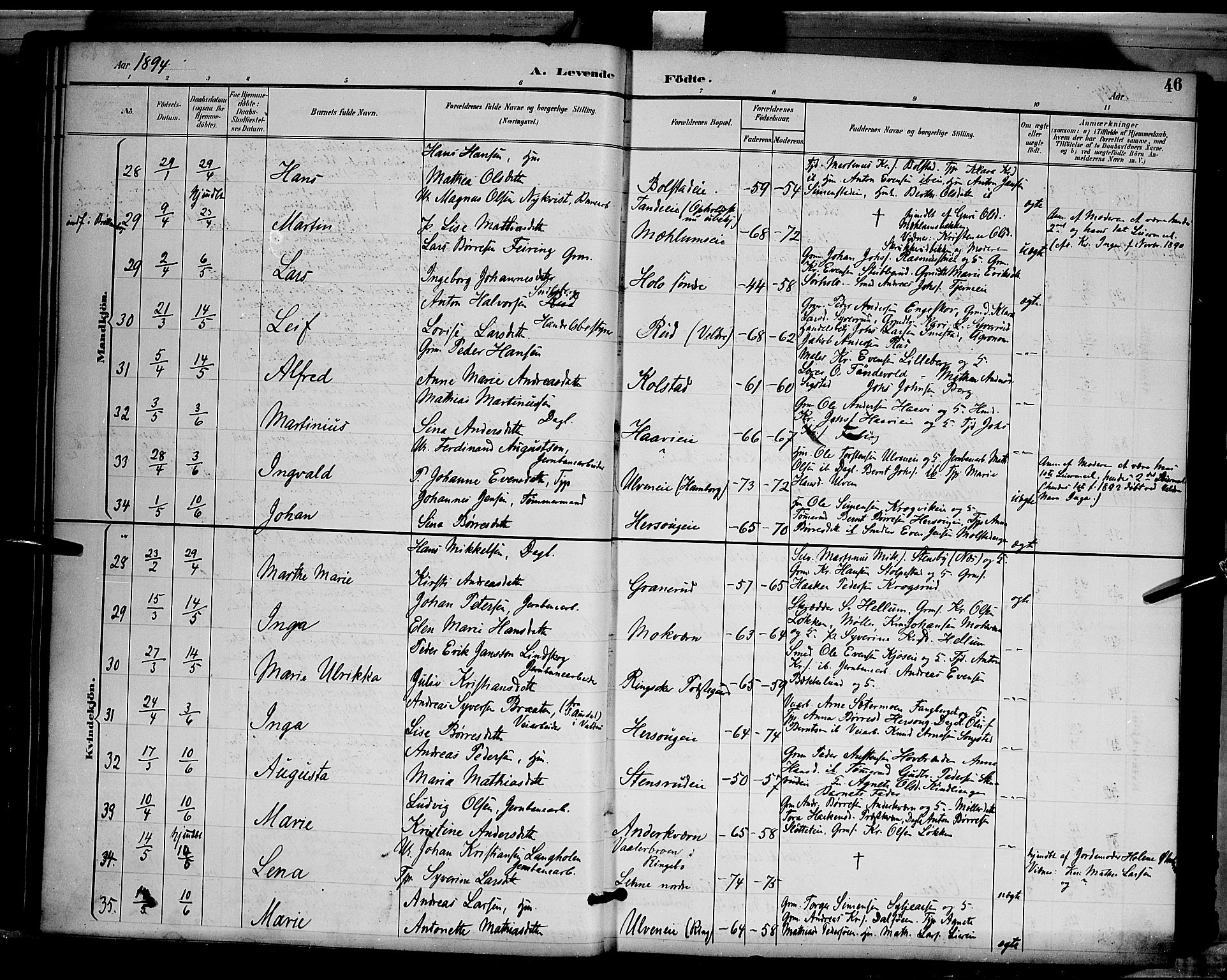 Ringsaker prestekontor, AV/SAH-PREST-014/L/La/L0012: Parish register (copy) no. 12, 1891-1902, p. 46