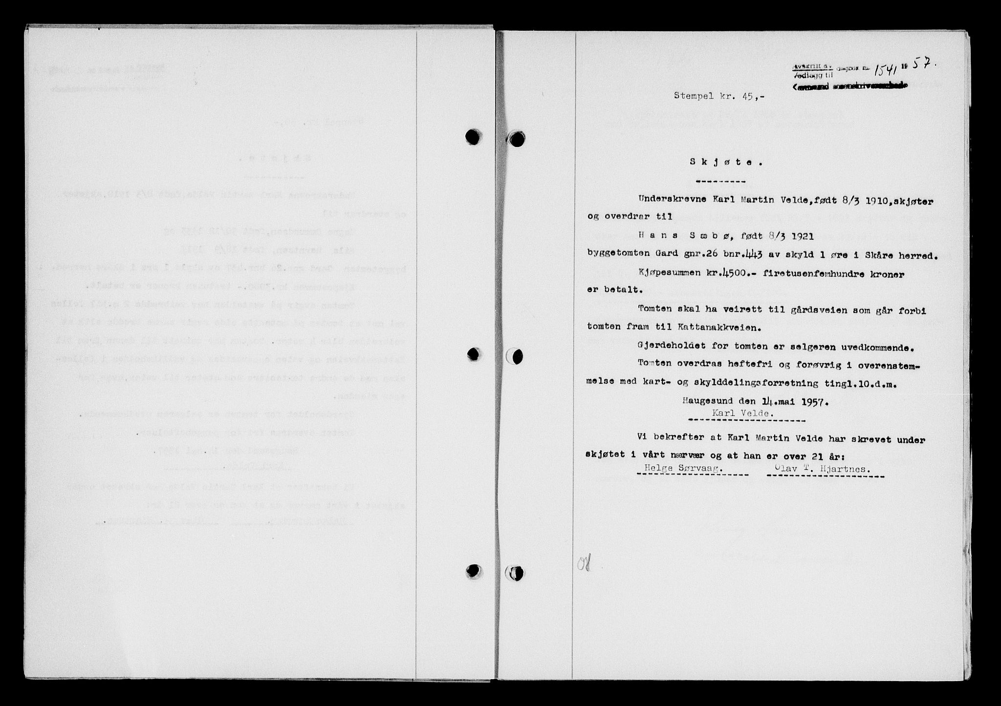 Karmsund sorenskriveri, SAST/A-100311/01/II/IIB/L0125: Mortgage book no. 105A, 1957-1957, Diary no: : 1541/1957