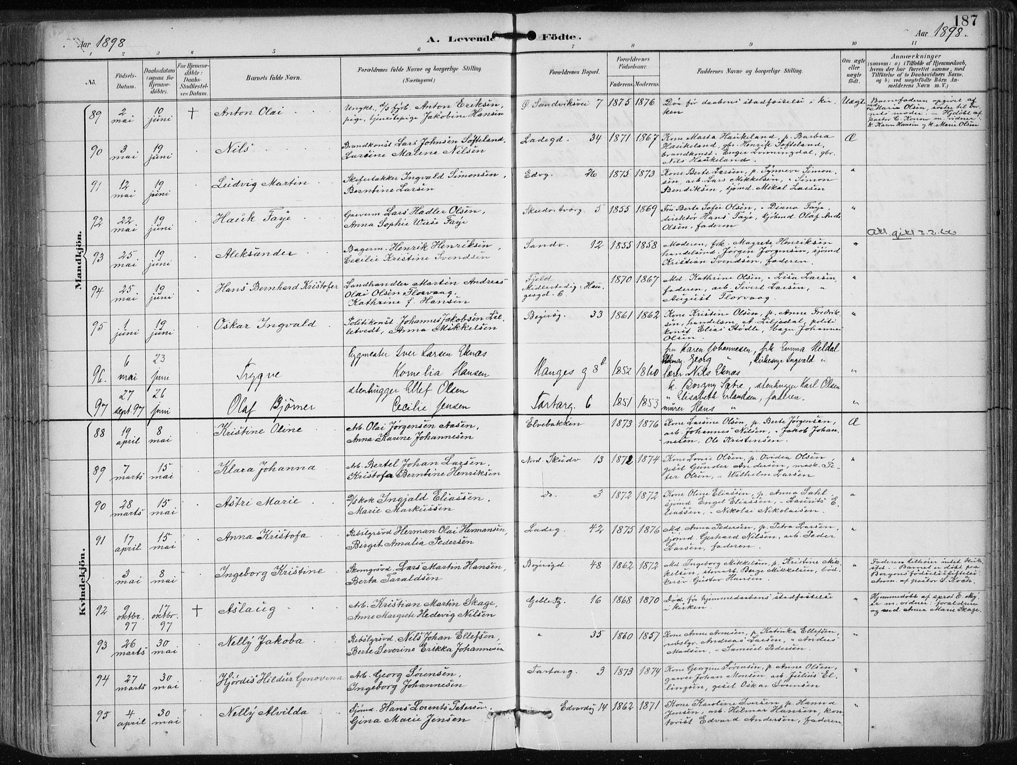 Sandviken Sokneprestembete, AV/SAB-A-77601/H/Ha/L0005: Parish register (official) no. B 2, 1891-1901, p. 187