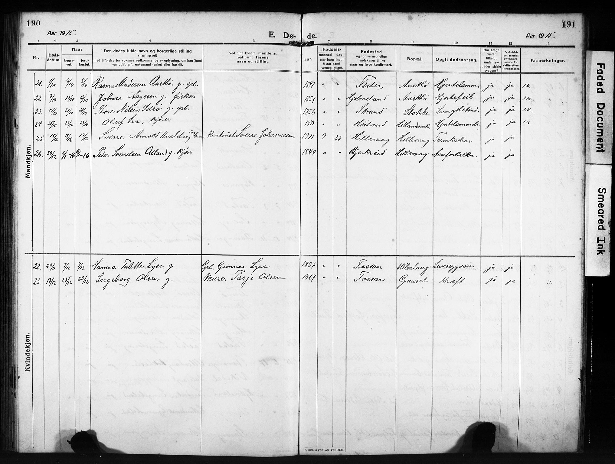 Hetland sokneprestkontor, AV/SAST-A-101826/30/30BB/L0009: Parish register (copy) no. B 9, 1910-1931, p. 190-191