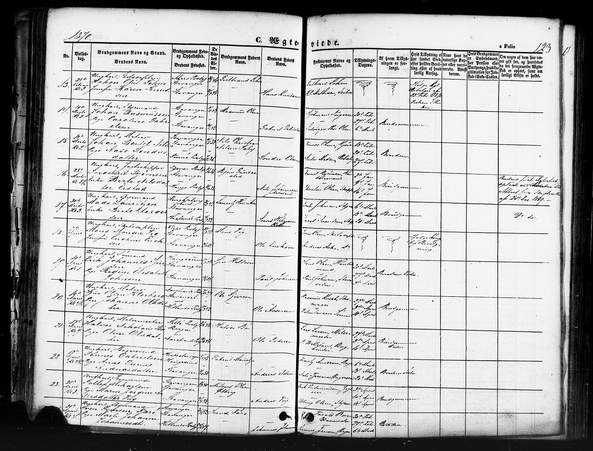 Domkirken sokneprestkontor, SAST/A-101812/001/30/30BB/L0011: Parish register (copy) no. B 11, 1858-1876, p. 123