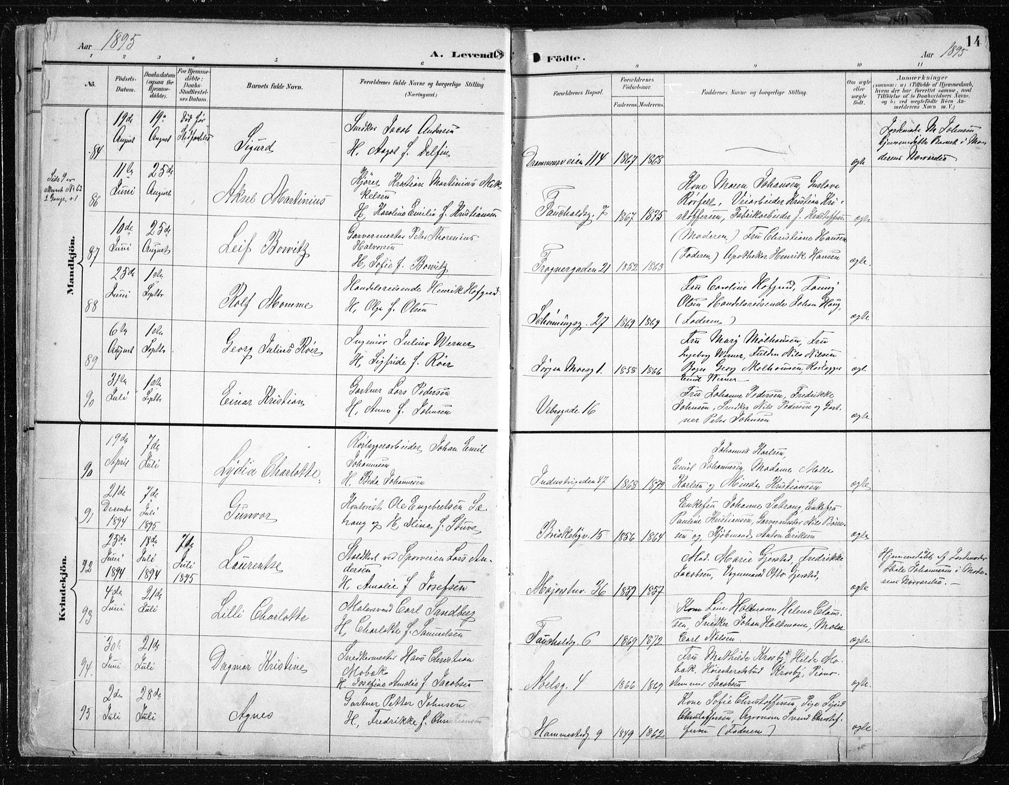 Uranienborg prestekontor Kirkebøker, AV/SAO-A-10877/F/Fa/L0005: Parish register (official) no. 5, 1895-1907, p. 14