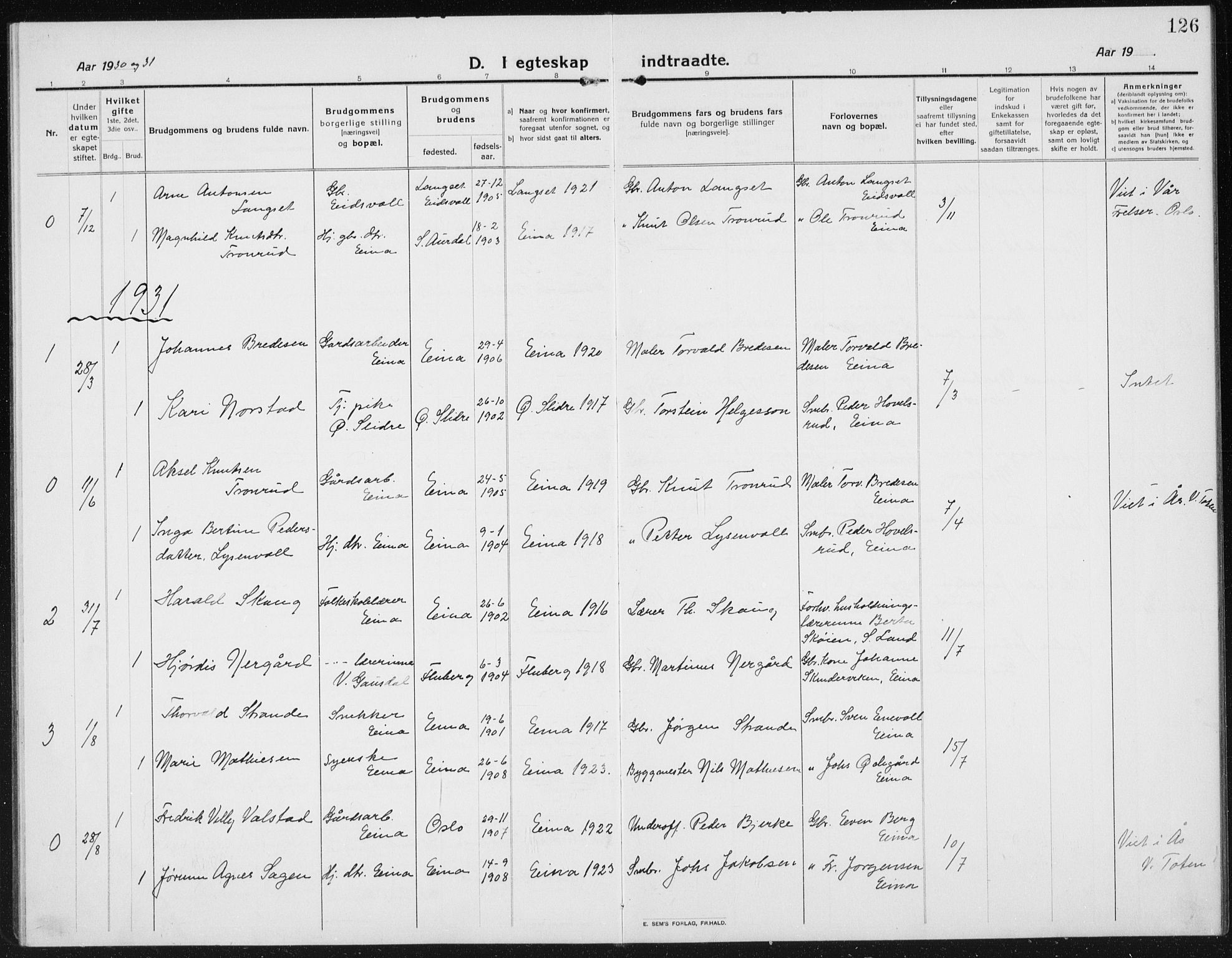 Kolbu prestekontor, AV/SAH-PREST-110/H/Ha/Hab/L0006: Parish register (copy) no. 6, 1916-1934, p. 126