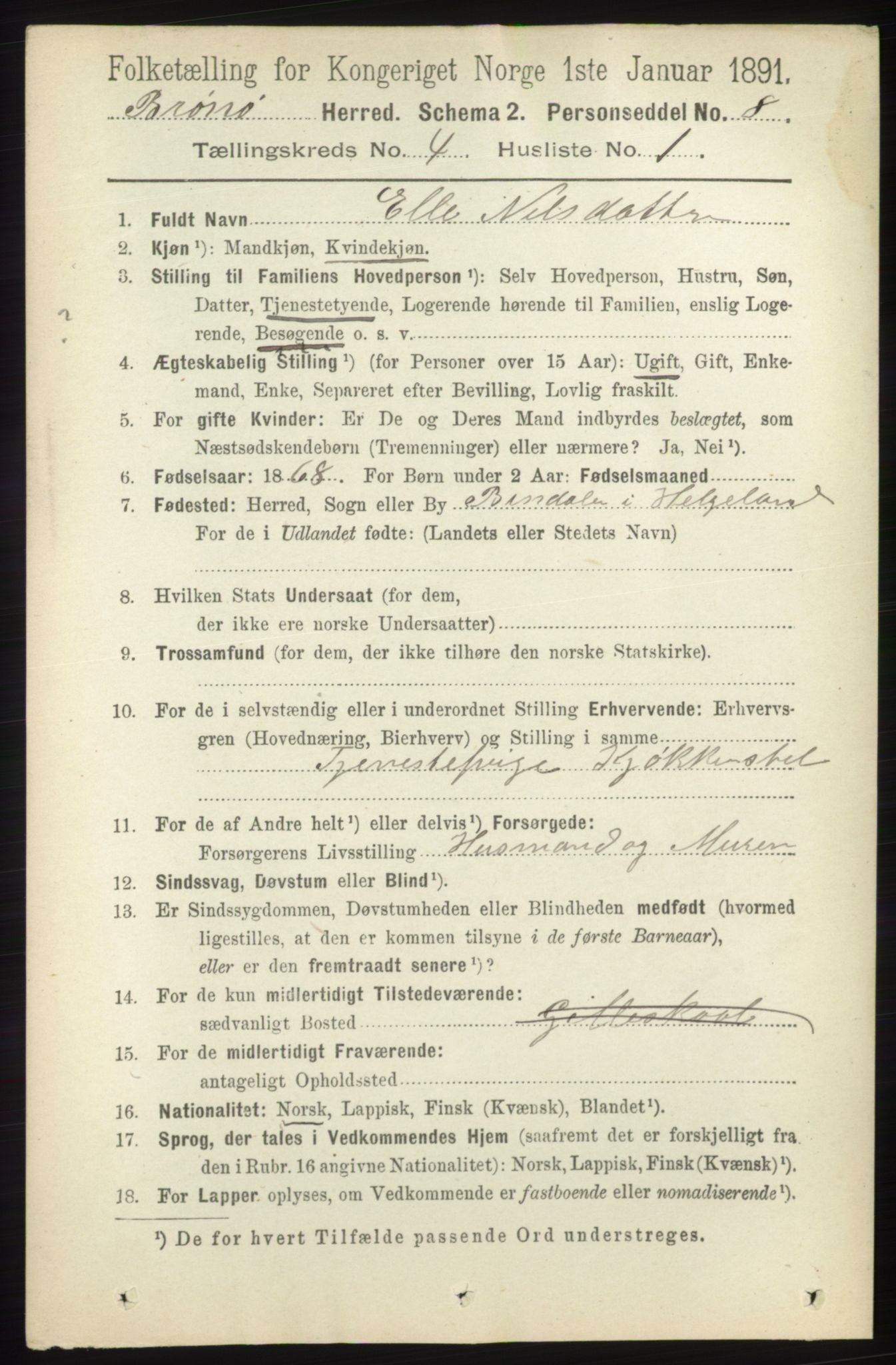 RA, 1891 census for 1814 Brønnøy, 1891, p. 2019