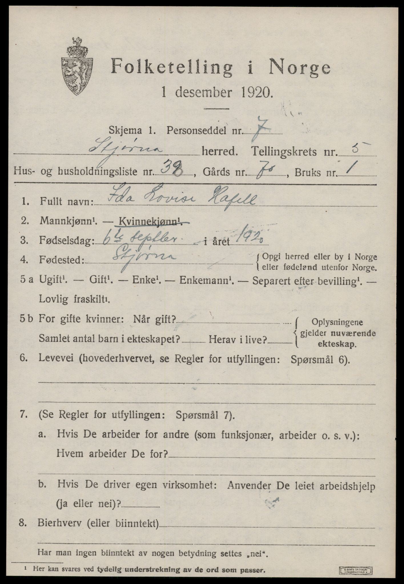 SAT, 1920 census for Stjørna, 1920, p. 4208