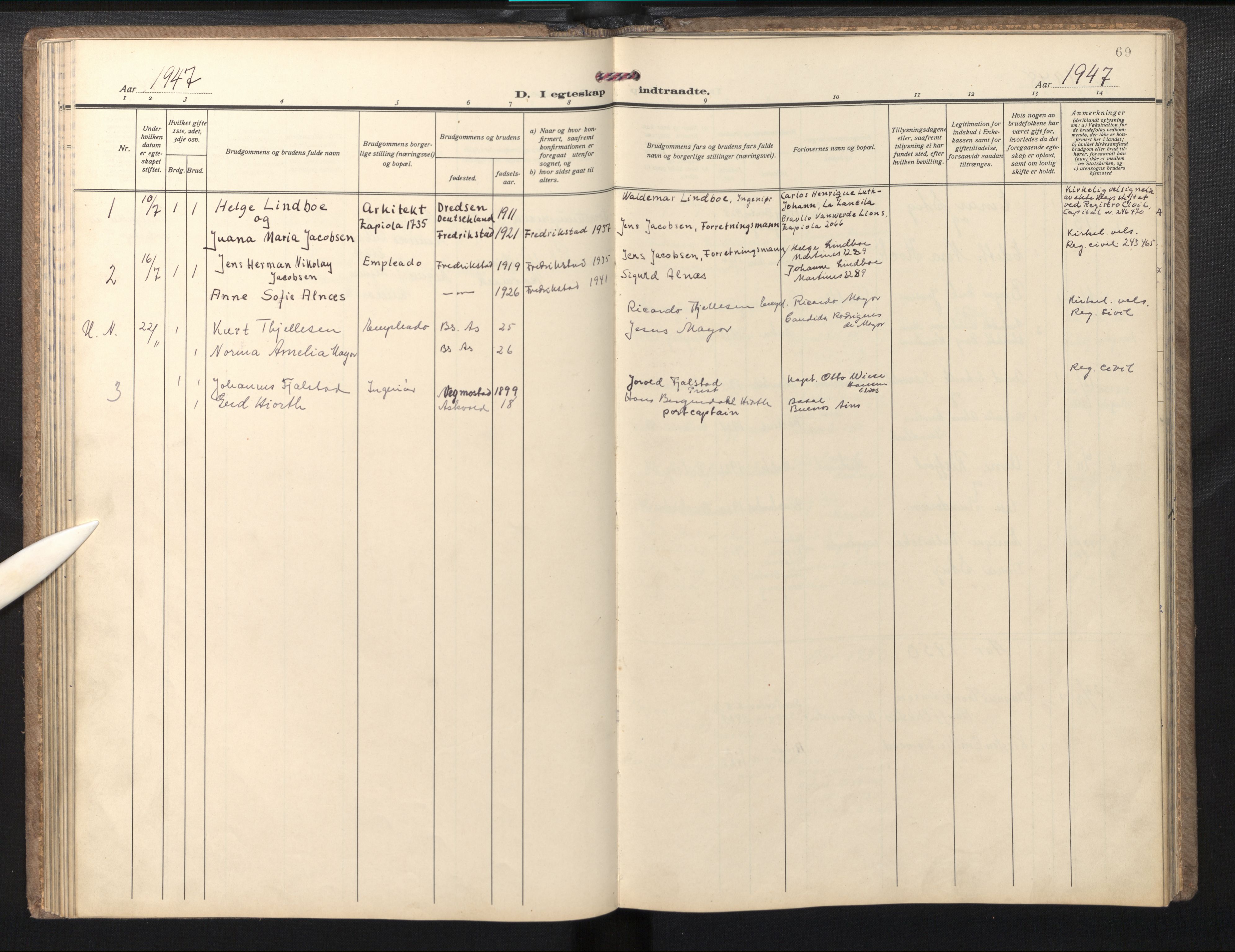 Den norske sjømannsmisjon i utlandet/Syd-Amerika (Buenos Aires m.fl.), SAB/SAB/PA-0118/H/Ha/L0004: Parish register (official) no. A 4, 1938-1978, p. 68b-69a
