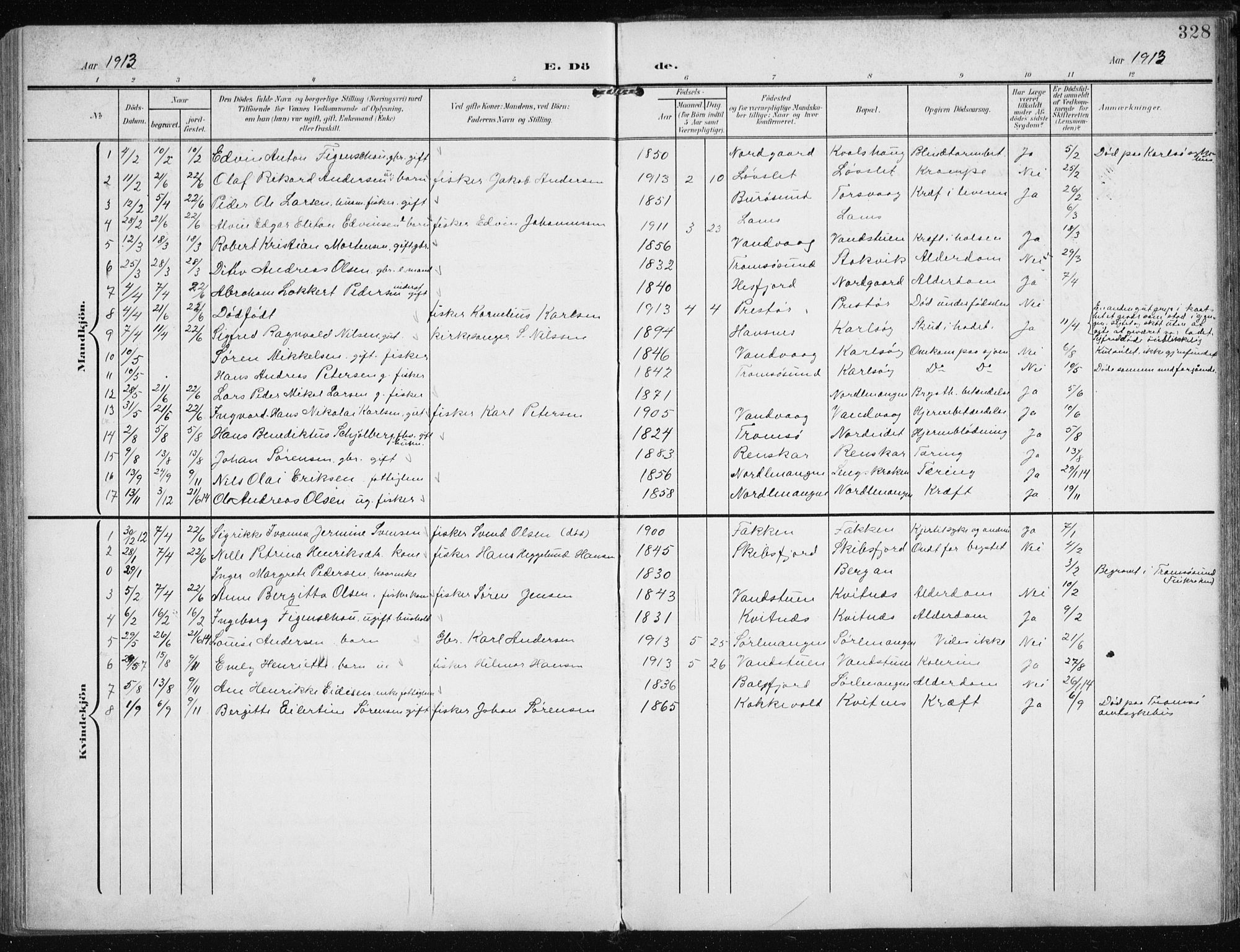 Karlsøy sokneprestembete, AV/SATØ-S-1299/H/Ha/Haa/L0014kirke: Parish register (official) no. 14, 1903-1917, p. 328