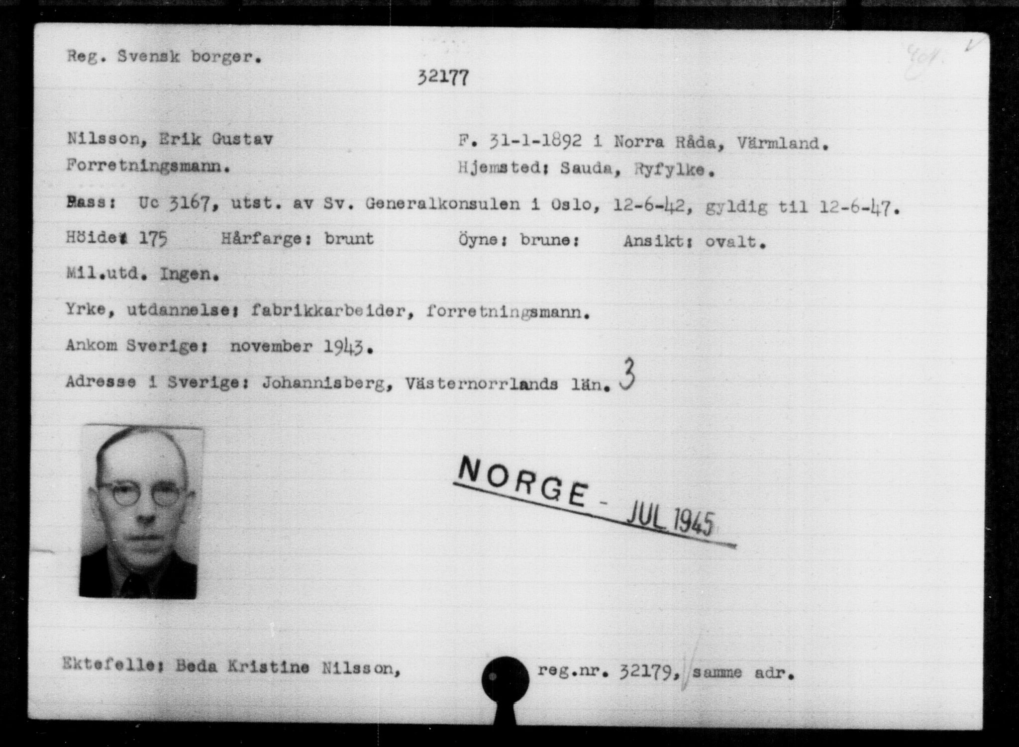 Utenriksstasjonene, Legasjonen i Stockholm, Flyktningkontoret, AV/RA-S-6753/V/Va/L0013: Kjesäterkartoteket, flyktninger med registreringsnr. 31500-34731, 1940-1945, p. 722