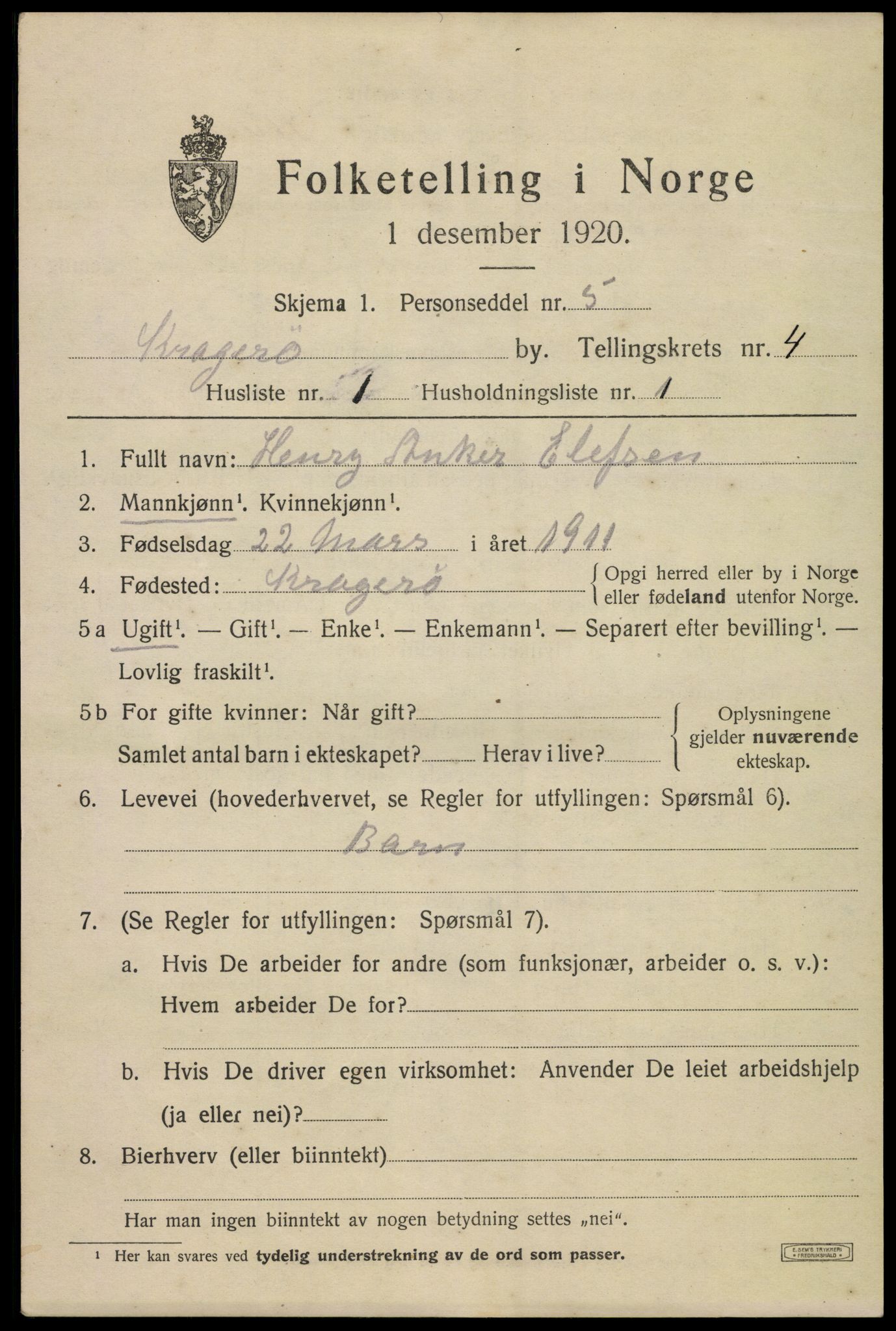 SAKO, 1920 census for Kragerø, 1920, p. 7705