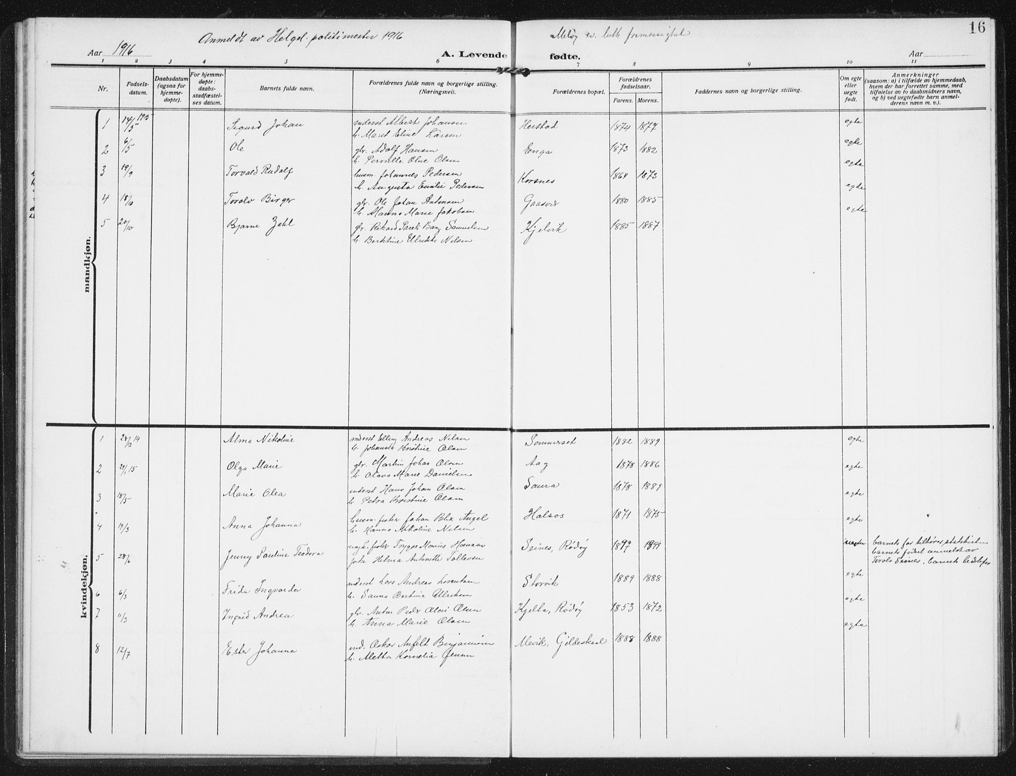 Ministerialprotokoller, klokkerbøker og fødselsregistre - Nordland, SAT/A-1459/843/L0629: Parish register (official) no. 843A04, 1907-1925, p. 16