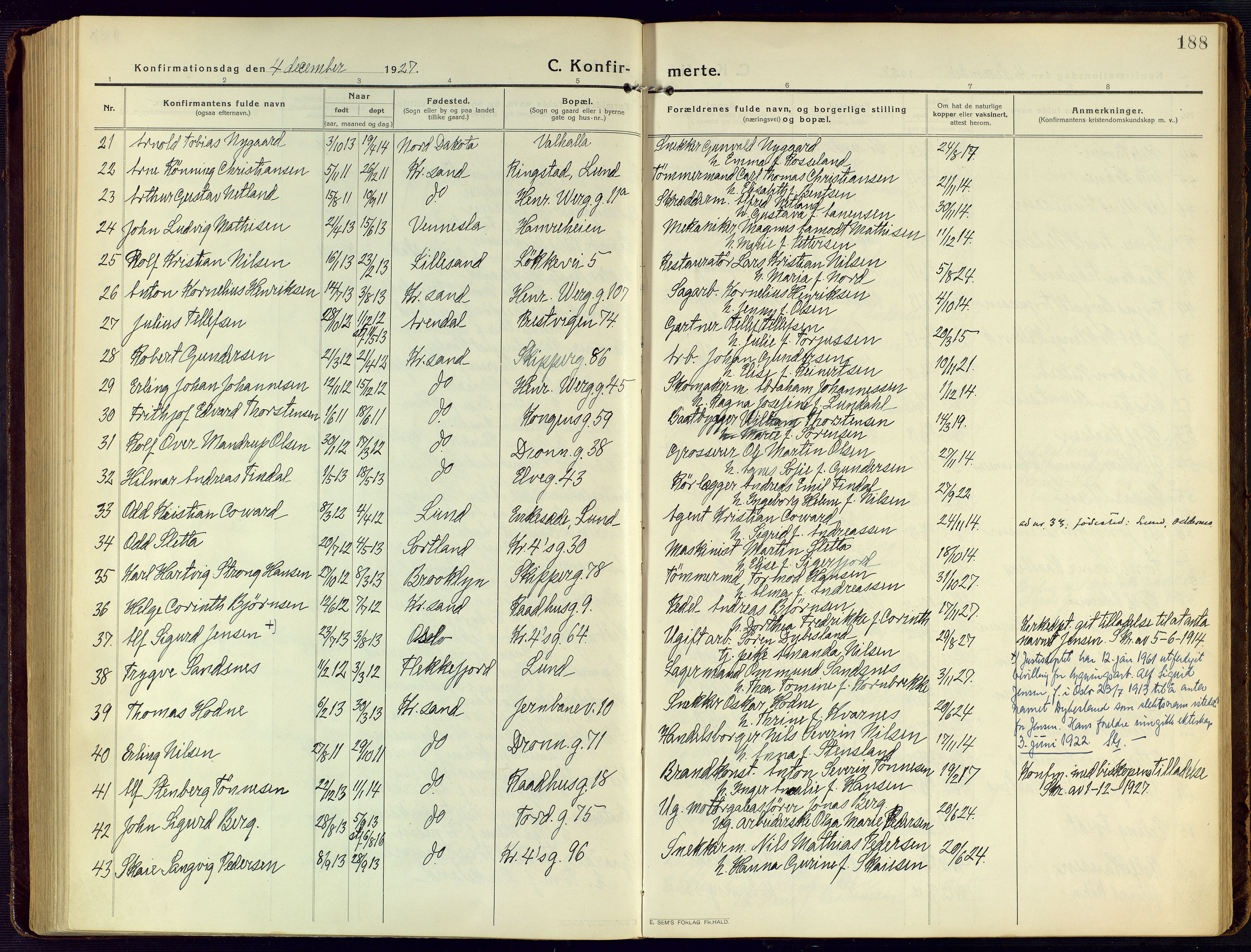 Kristiansand domprosti, SAK/1112-0006/F/Fa/L0026: Parish register (official) no. A 25, 1916-1928, p. 188
