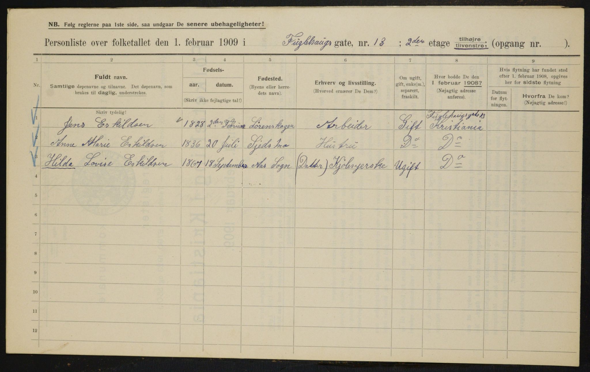 OBA, Municipal Census 1909 for Kristiania, 1909, p. 25913