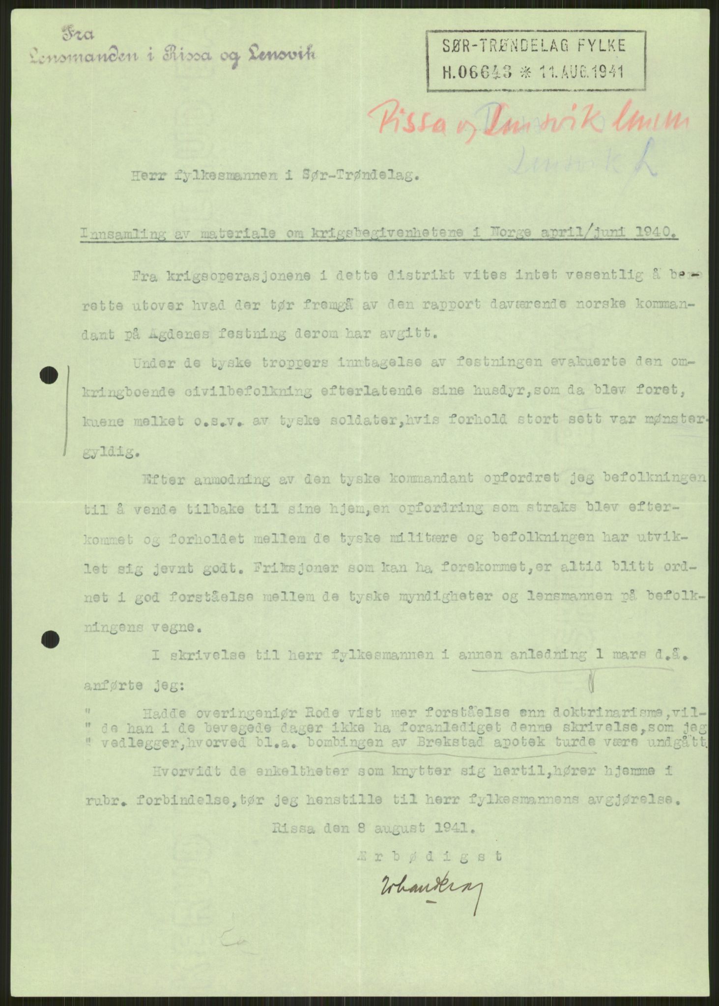 Forsvaret, Forsvarets krigshistoriske avdeling, AV/RA-RAFA-2017/Y/Ya/L0016: II-C-11-31 - Fylkesmenn.  Rapporter om krigsbegivenhetene 1940., 1940, p. 70