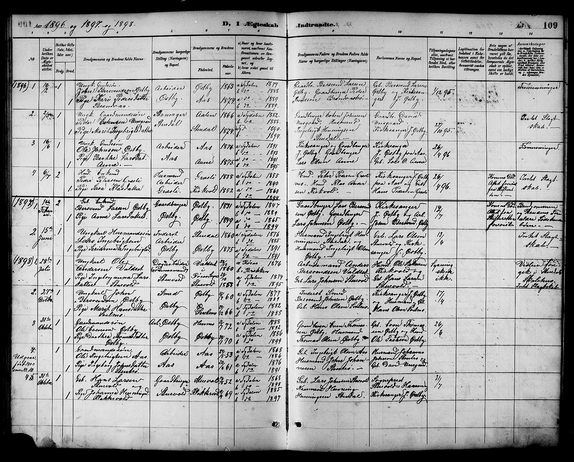 Ministerialprotokoller, klokkerbøker og fødselsregistre - Sør-Trøndelag, SAT/A-1456/698/L1167: Parish register (copy) no. 698C04, 1888-1907, p. 109