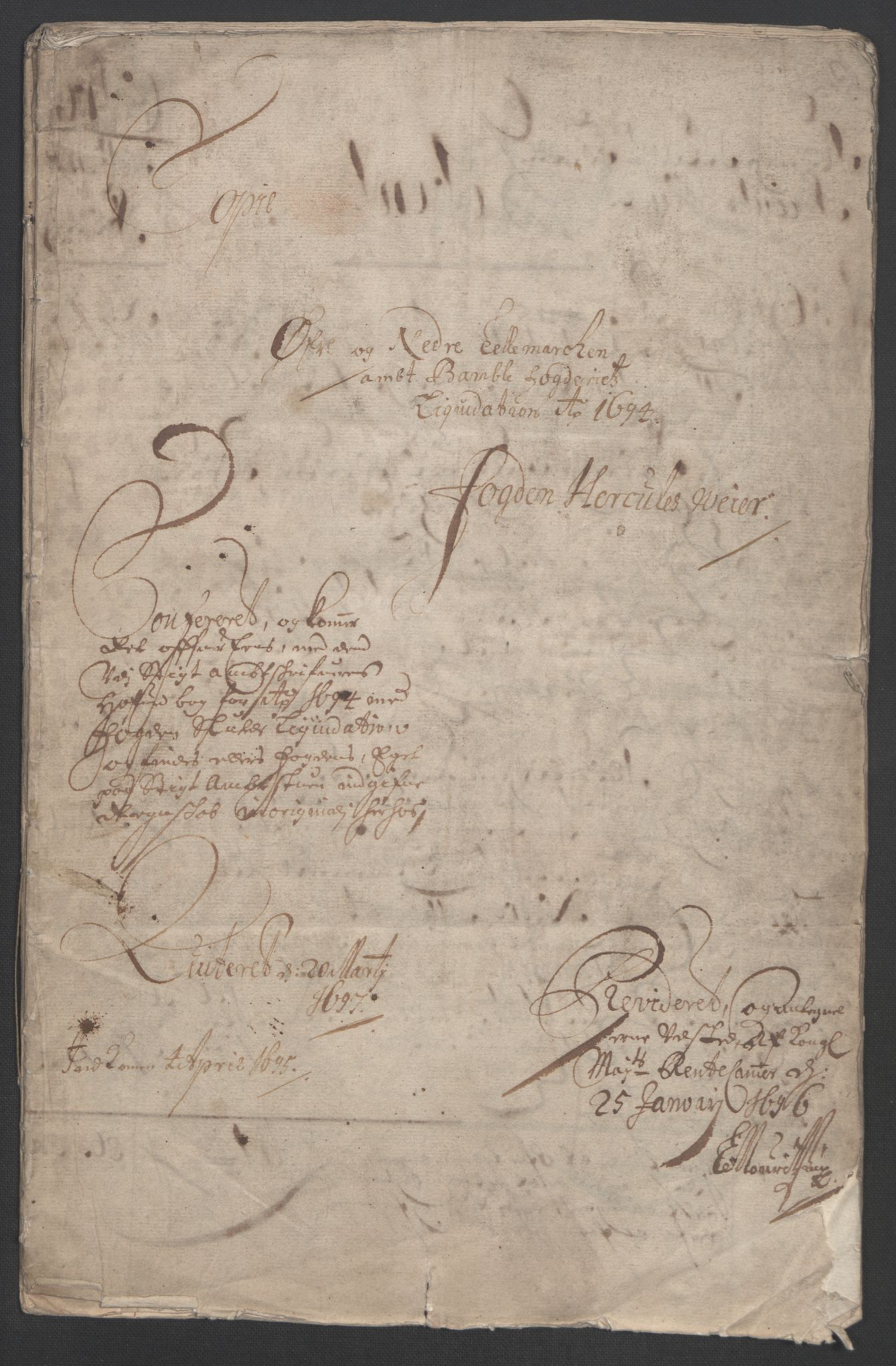 Rentekammeret inntil 1814, Reviderte regnskaper, Fogderegnskap, RA/EA-4092/R36/L2092: Fogderegnskap Øvre og Nedre Telemark og Bamble, 1694, p. 3