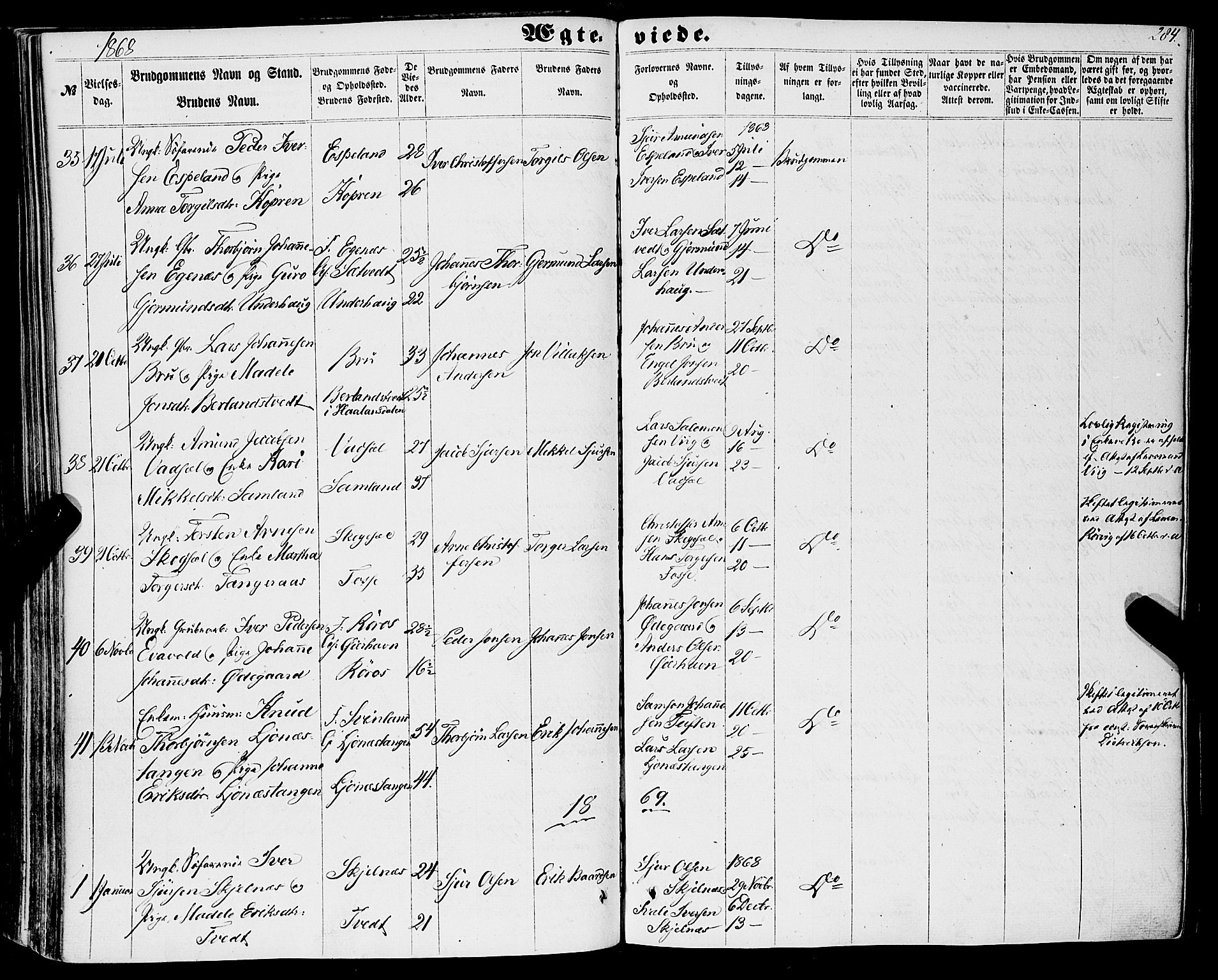 Strandebarm sokneprestembete, AV/SAB-A-78401/H/Haa: Parish register (official) no. A 8, 1858-1872, p. 284