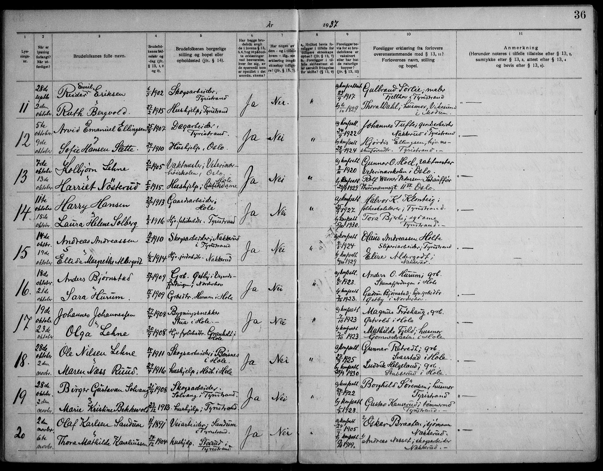 Hole kirkebøker, AV/SAKO-A-228/H/Ha/L0004: Banns register no. 4, 1919-1960, p. 36