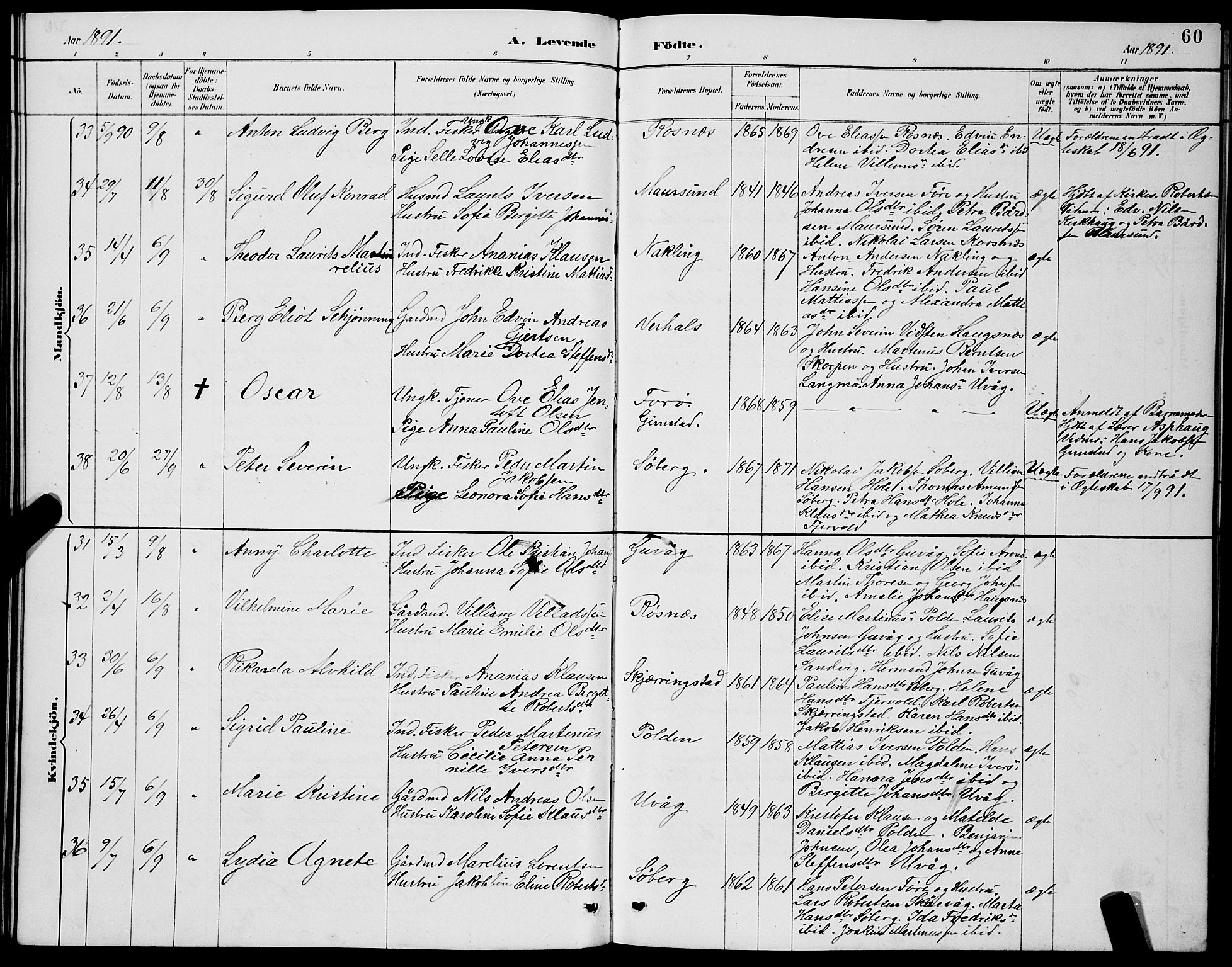 Ministerialprotokoller, klokkerbøker og fødselsregistre - Nordland, AV/SAT-A-1459/891/L1315: Parish register (copy) no. 891C04, 1886-1893, p. 60