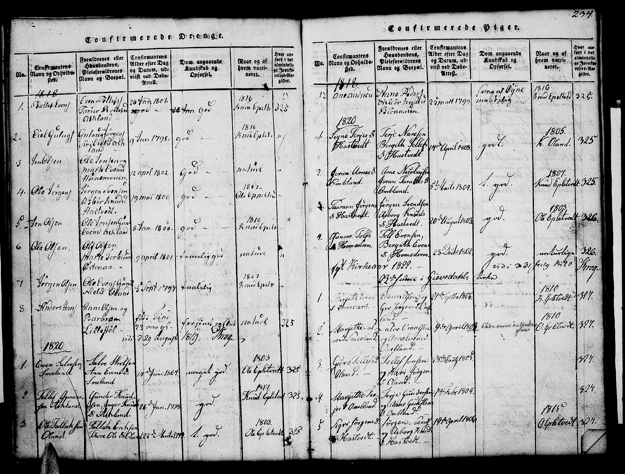 Åmli sokneprestkontor, AV/SAK-1111-0050/F/Fb/Fba/L0001: Parish register (copy) no. B 1, 1816-1890, p. 234