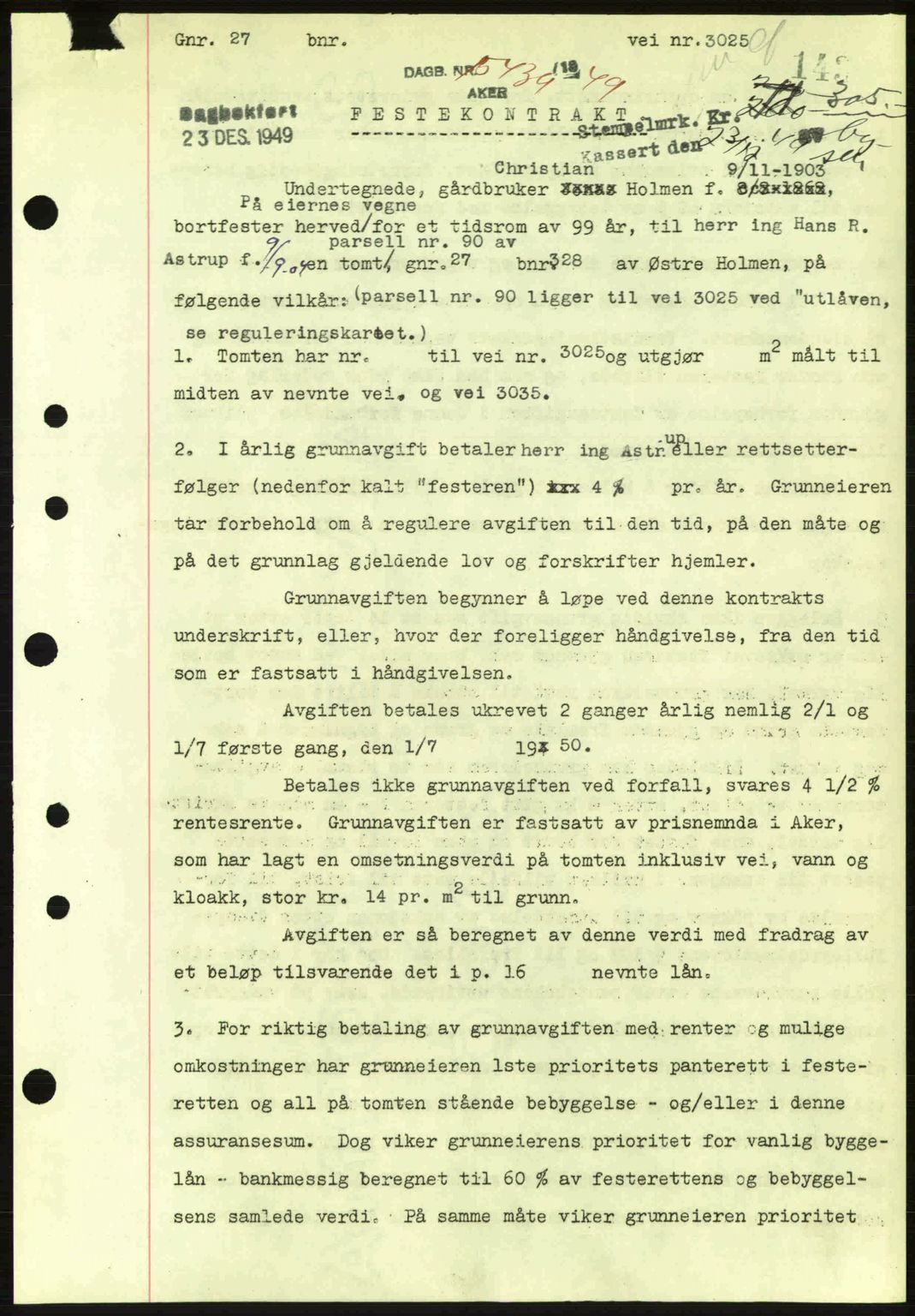 Oslo byskriverembete, AV/SAO-A-10227/G/Gb/Gbd/Gbda/L0017: Mortgage book no. A215, 1949-1950, Diary no: : 15439/1949
