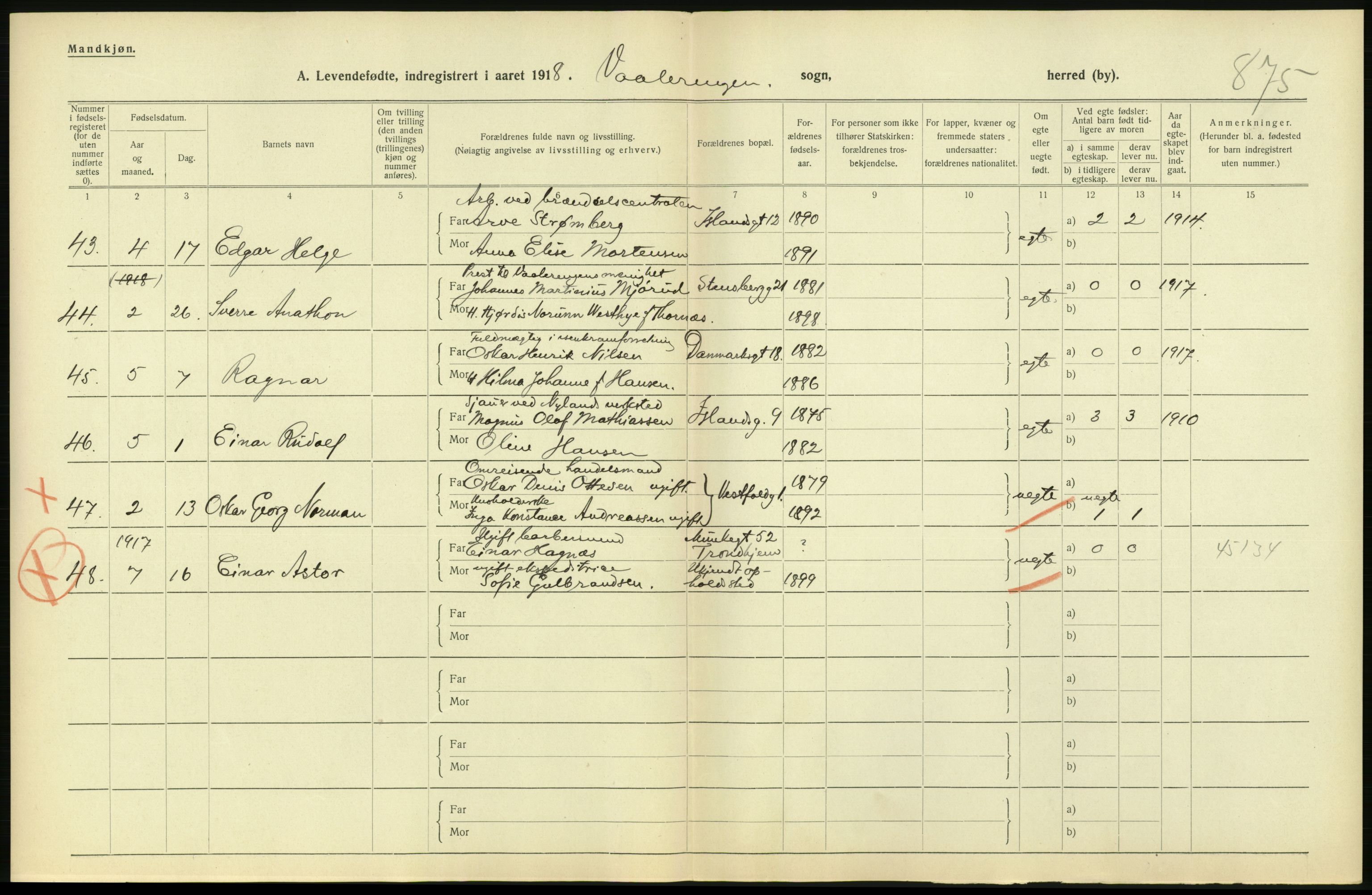 Statistisk sentralbyrå, Sosiodemografiske emner, Befolkning, AV/RA-S-2228/D/Df/Dfb/Dfbh/L0008: Kristiania: Levendefødte menn og kvinner., 1918, p. 372