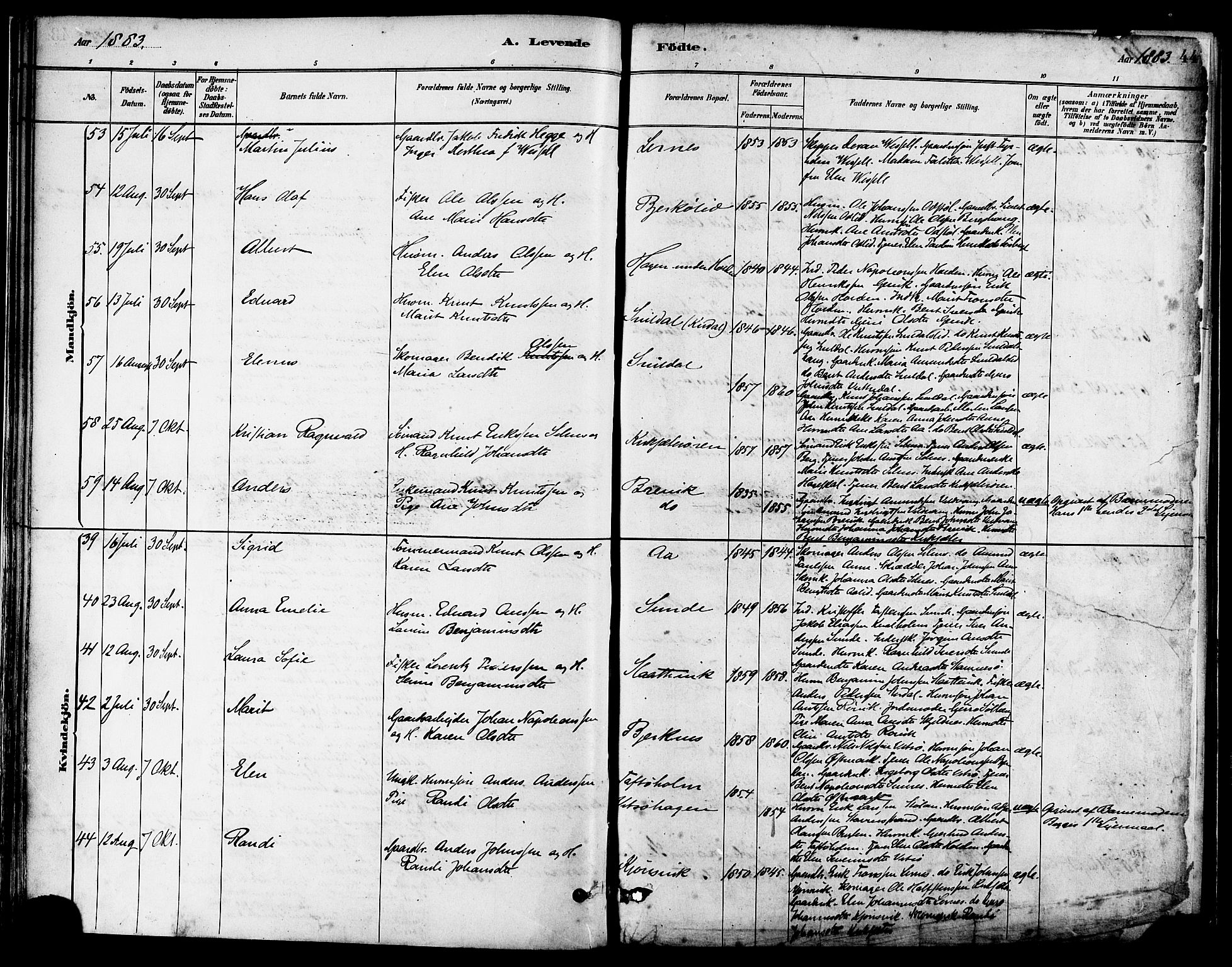 Ministerialprotokoller, klokkerbøker og fødselsregistre - Sør-Trøndelag, SAT/A-1456/630/L0496: Parish register (official) no. 630A09, 1879-1895, p. 44