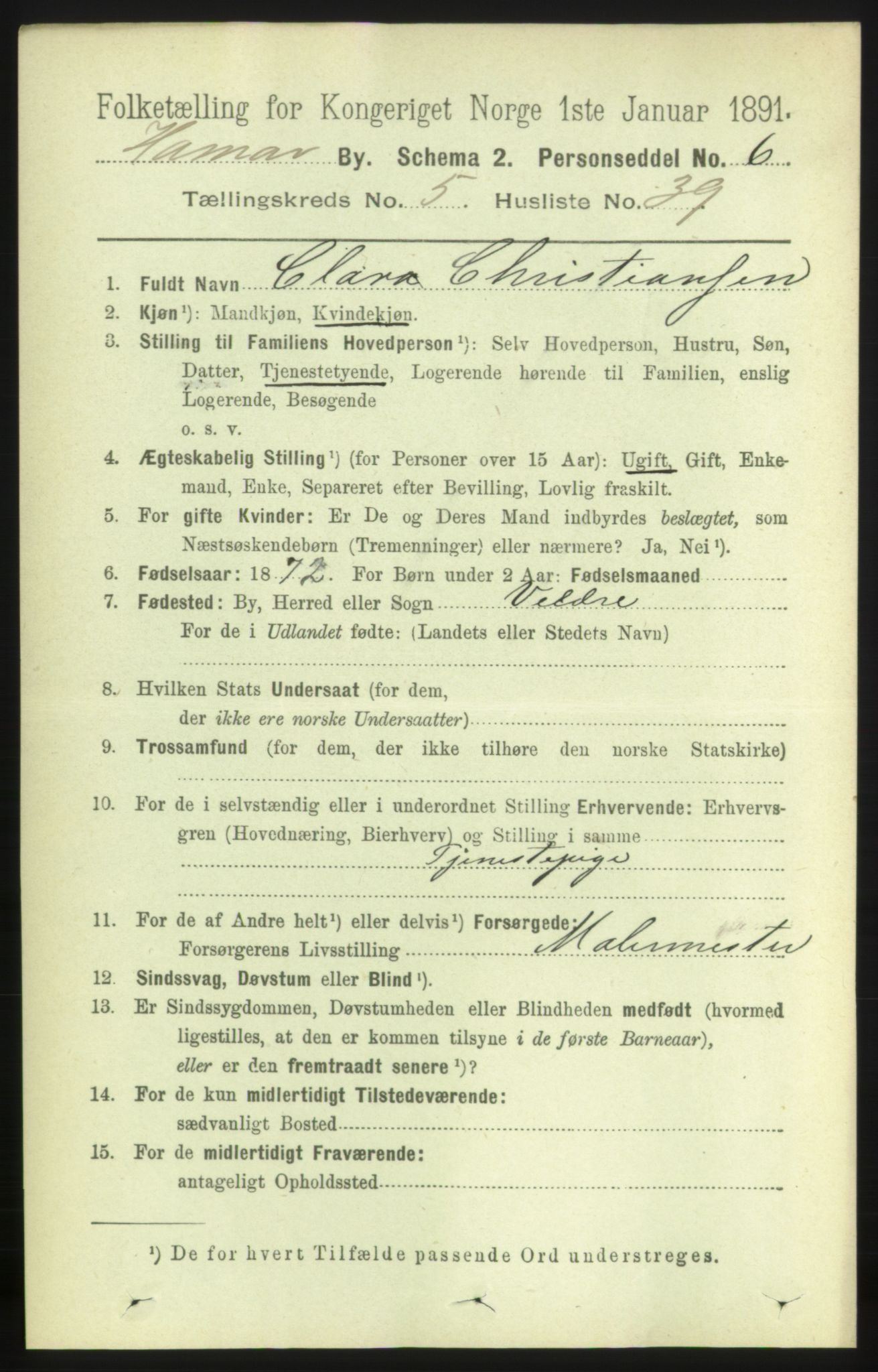 RA, 1891 census for 0401 Hamar, 1891, p. 4309