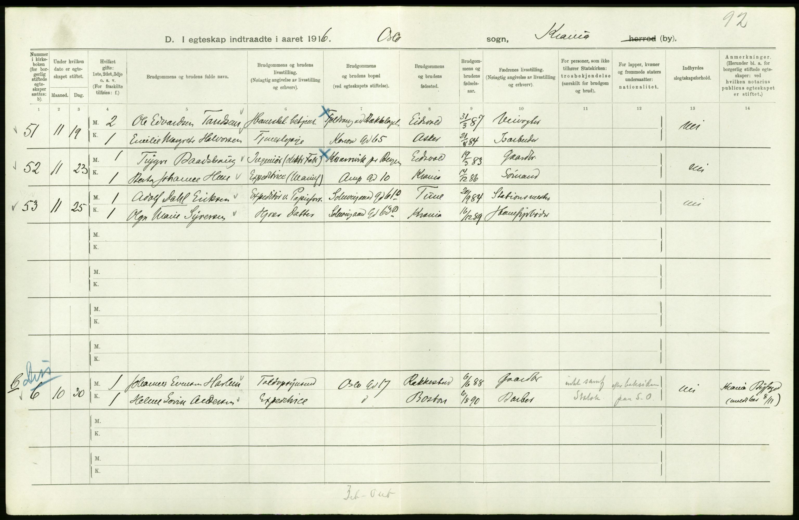 Statistisk sentralbyrå, Sosiodemografiske emner, Befolkning, AV/RA-S-2228/D/Df/Dfb/Dfbf/L0008: Kristiania: Gifte, 1916, p. 850