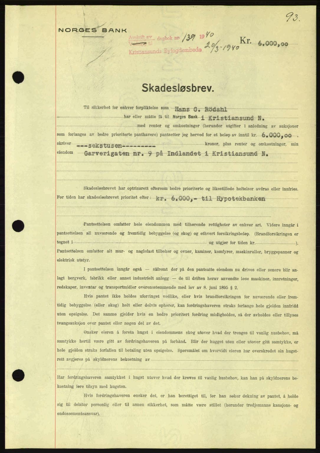 Kristiansund byfogd, AV/SAT-A-4587/A/27: Mortgage book no. 33, 1939-1941, Diary no: : 139/1940