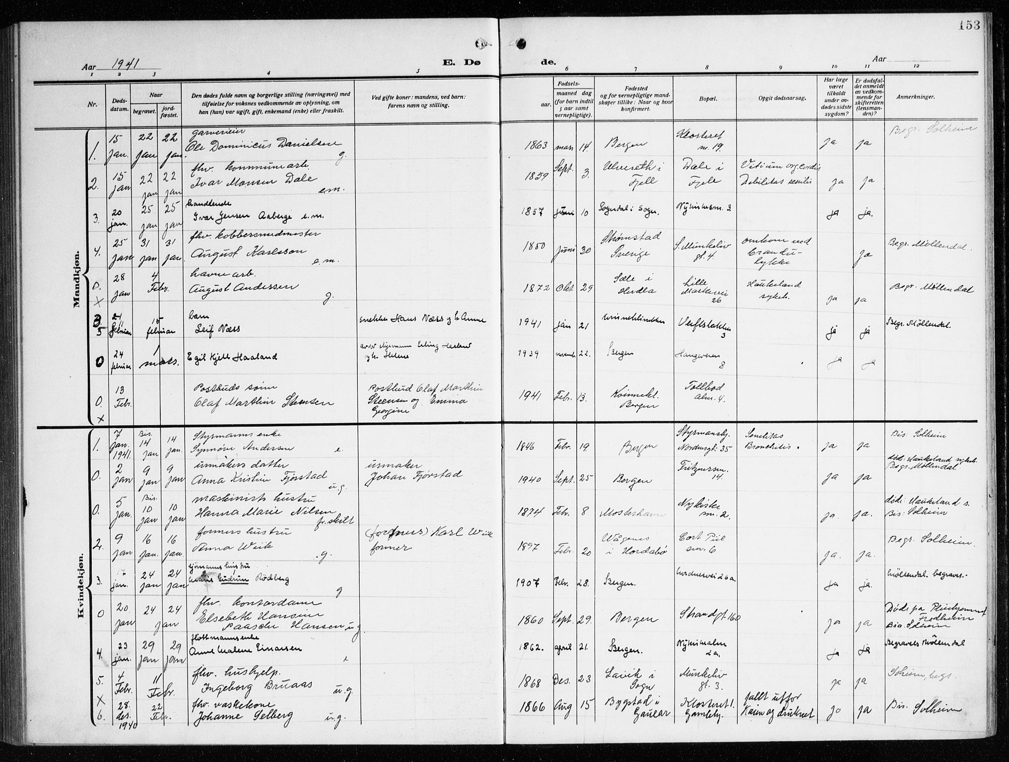 Nykirken Sokneprestembete, SAB/A-77101/H/Haa/L0046: Parish register (official) no. E 6, 1918-1944, p. 153