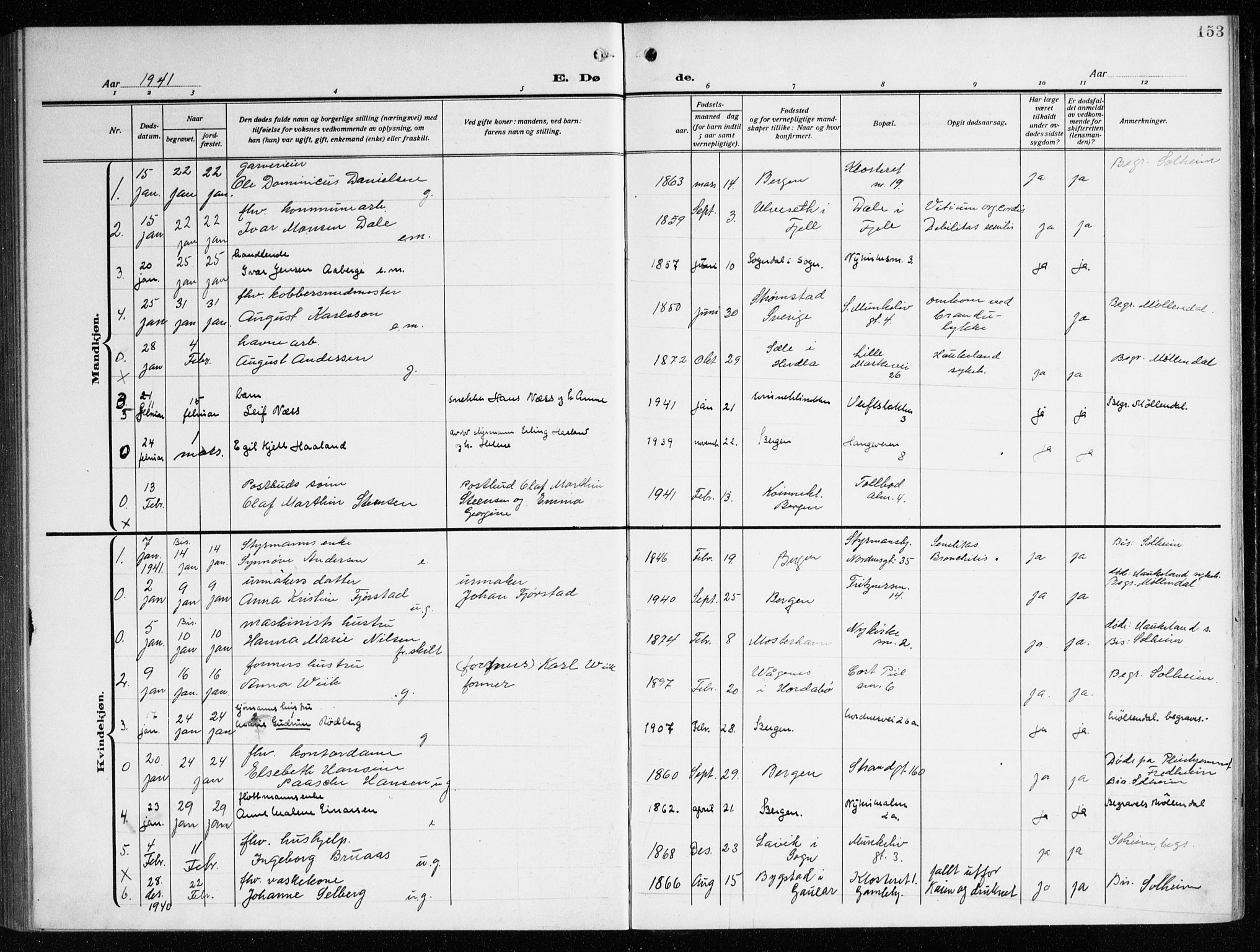 Nykirken Sokneprestembete, AV/SAB-A-77101/H/Haa/L0046: Parish register (official) no. E 6, 1918-1944, p. 153