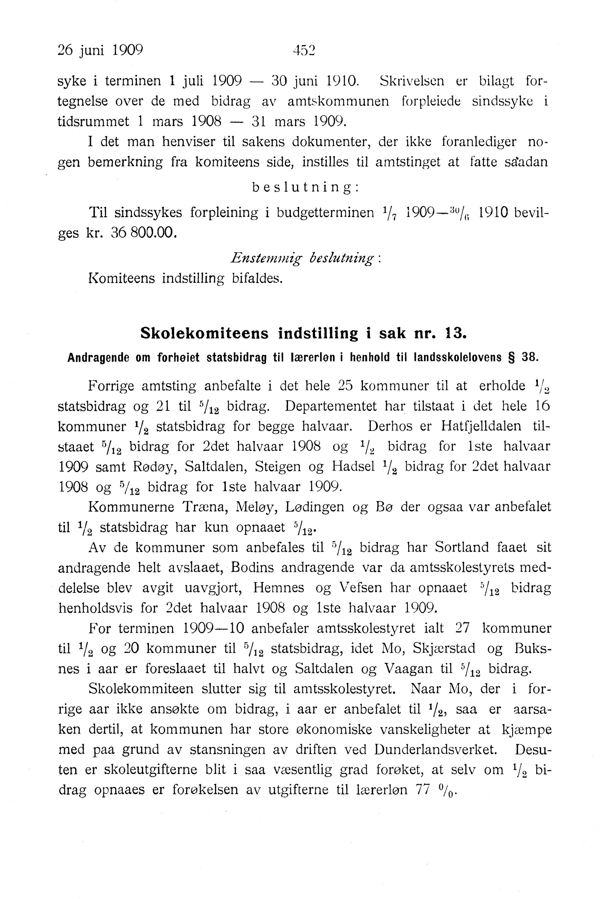 Nordland Fylkeskommune. Fylkestinget, AIN/NFK-17/176/A/Ac/L0032: Fylkestingsforhandlinger 1909, 1909