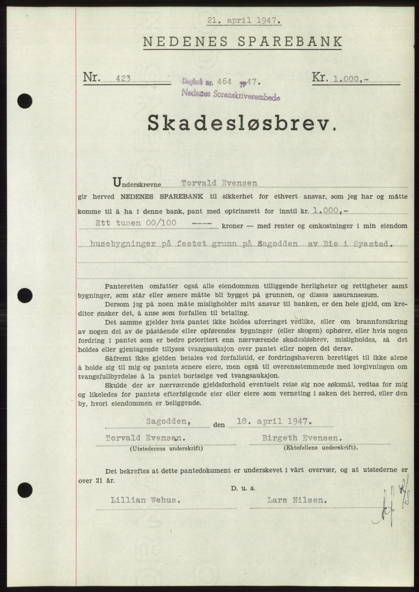 Nedenes sorenskriveri, AV/SAK-1221-0006/G/Gb/Gbb/L0004: Mortgage book no. B4, 1947-1947, Diary no: : 464/1947