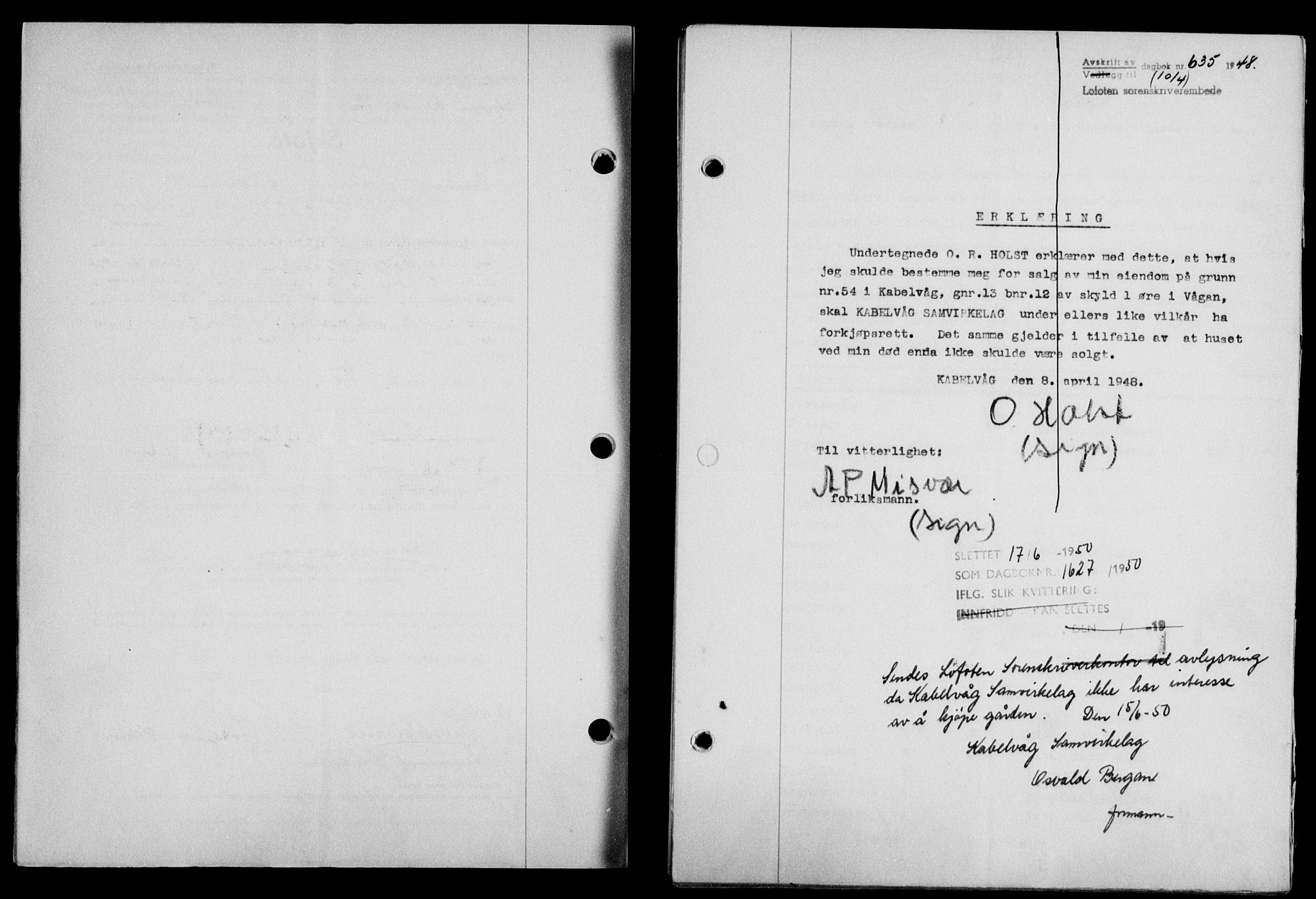Lofoten sorenskriveri, SAT/A-0017/1/2/2C/L0018a: Mortgage book no. 18a, 1948-1948, Diary no: : 635/1948