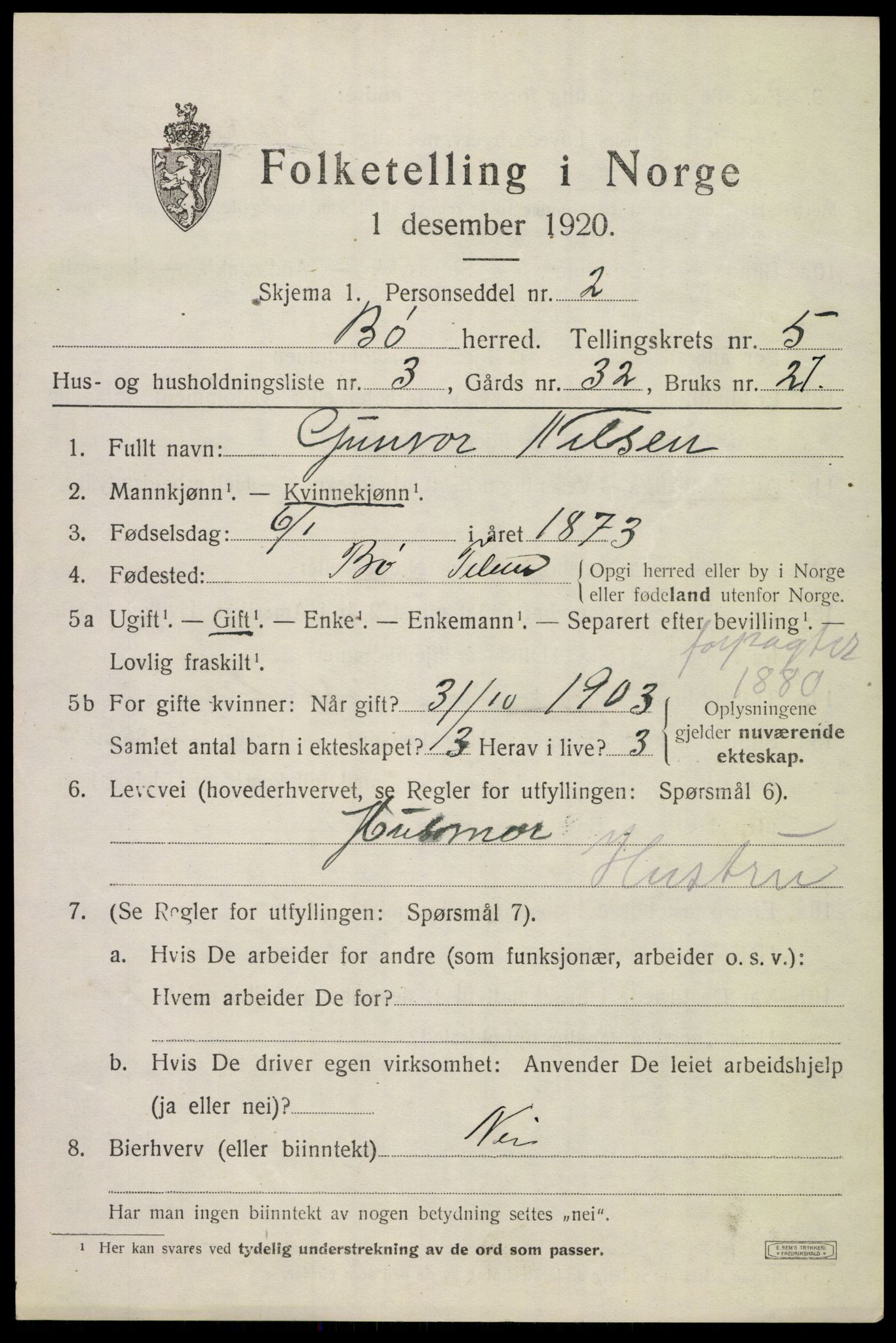 SAKO, 1920 census for Bø (Telemark), 1920, p. 3620