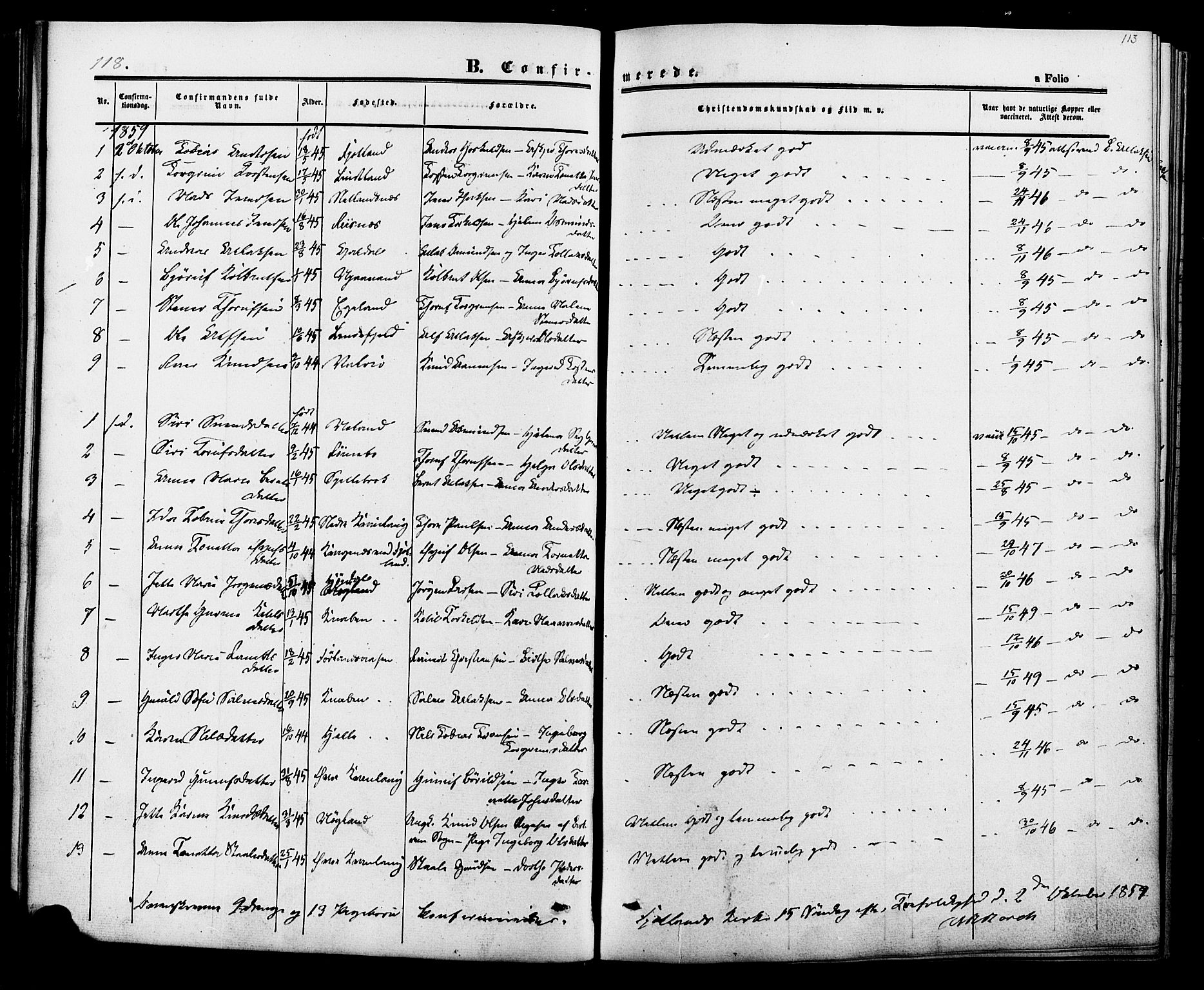 Fjotland sokneprestkontor, AV/SAK-1111-0010/F/Fa/L0001: Parish register (official) no. A 1, 1850-1879, p. 113