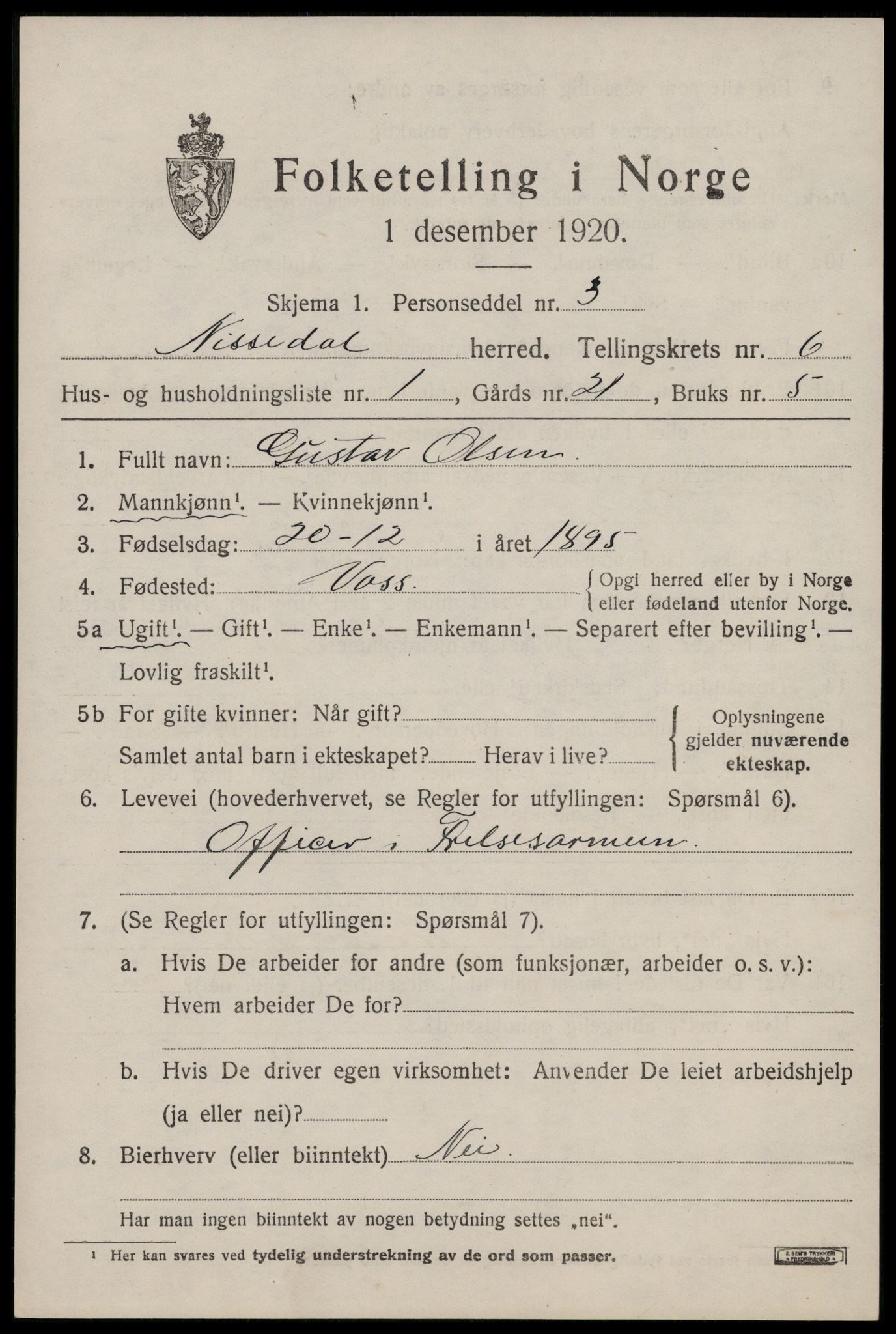 SAKO, 1920 census for Nissedal, 1920, p. 2275