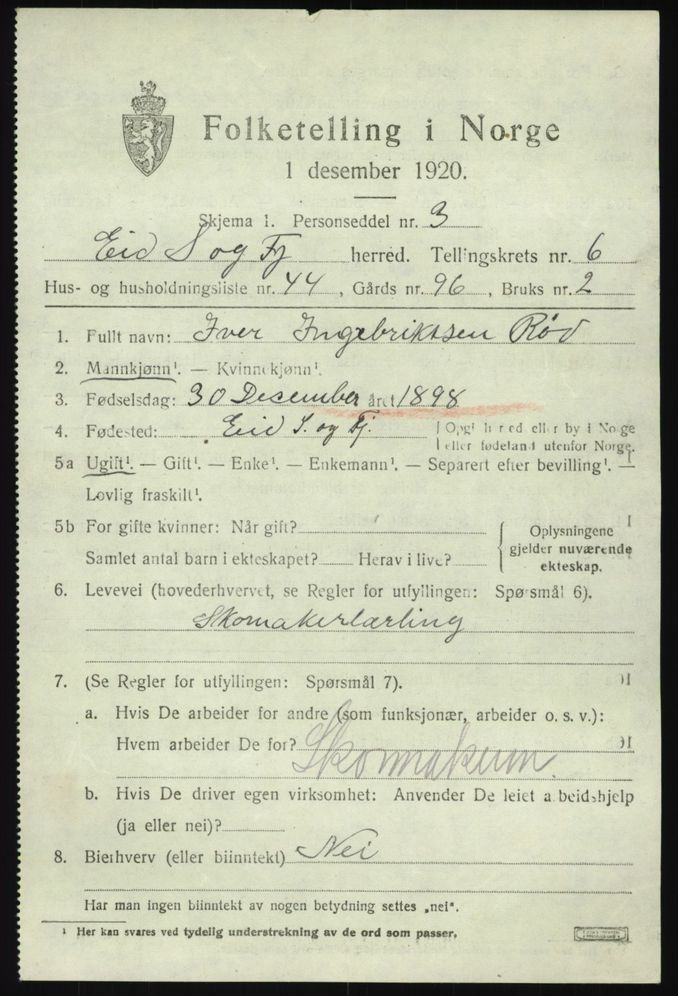 SAB, 1920 census for Eid, 1920, p. 3458