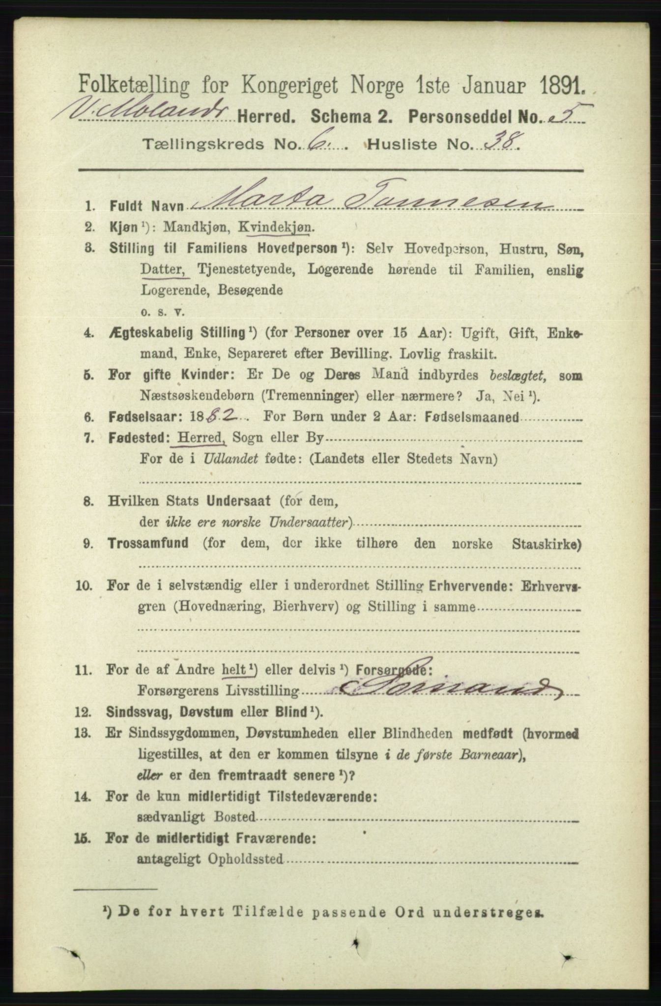 RA, 1891 census for 0926 Vestre Moland, 1891, p. 2541